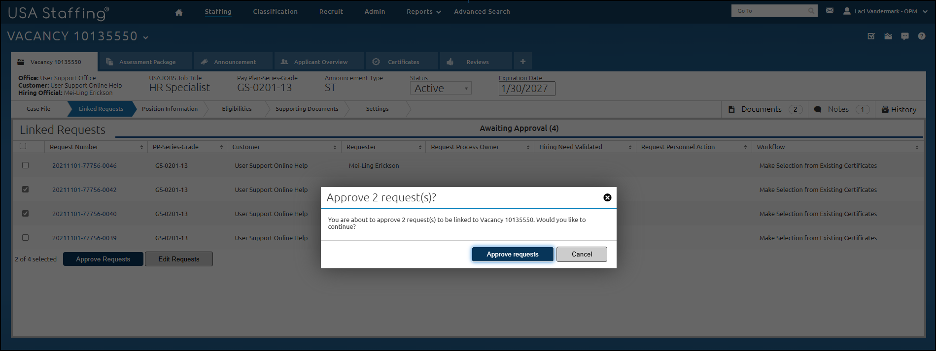 Linked Request Approval Confirmation Modal