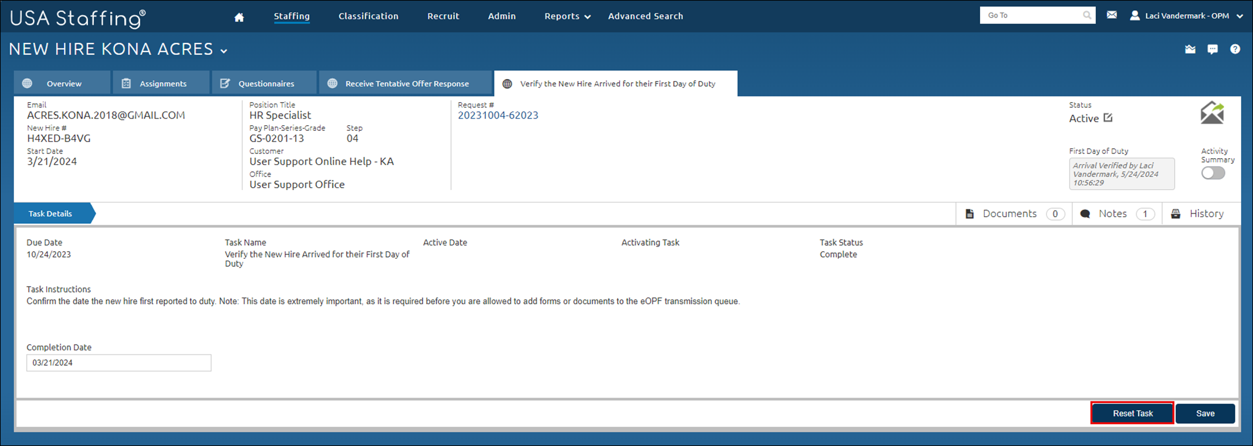 Verify NH Arrived Reset Task