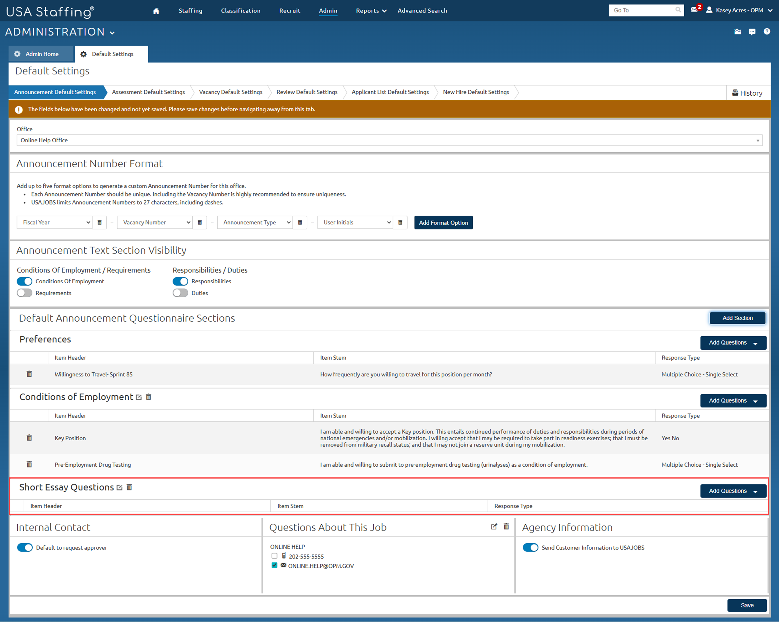 Add Short Essay questions to the Short Eassay Questions section. Highlighted is the newly created section.