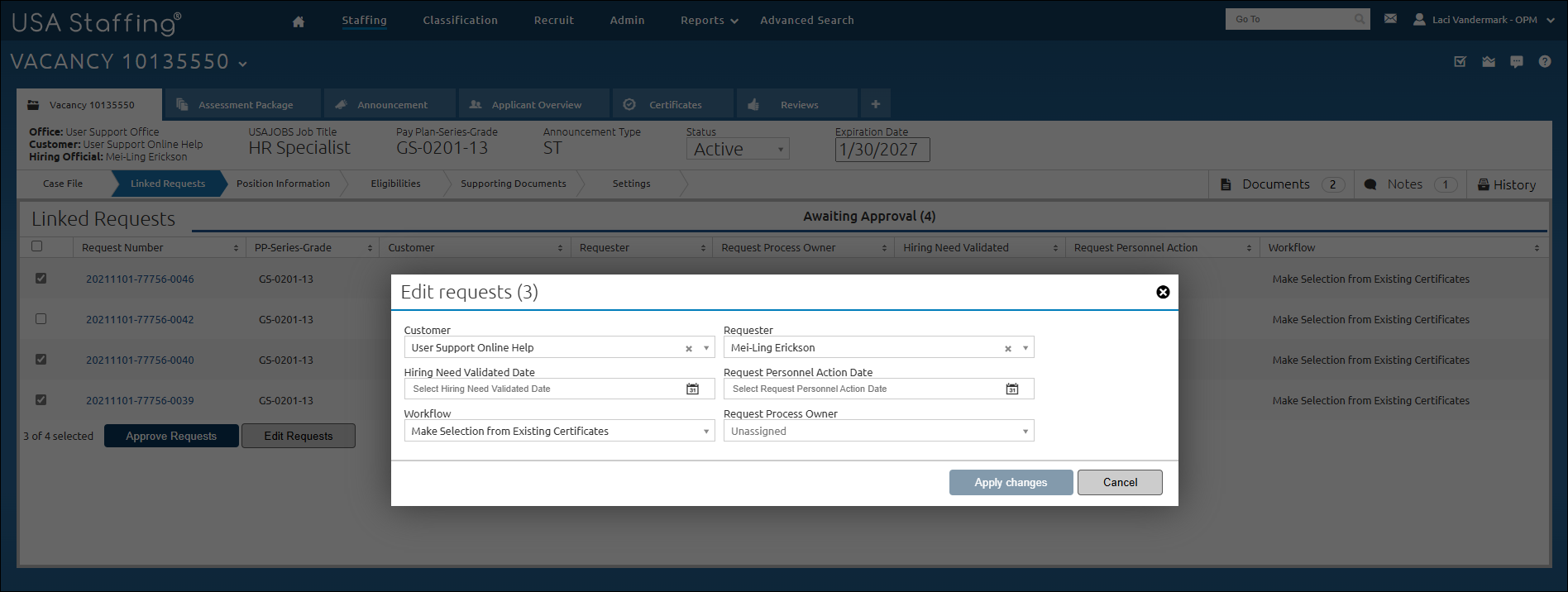 Linked Request Edit modal