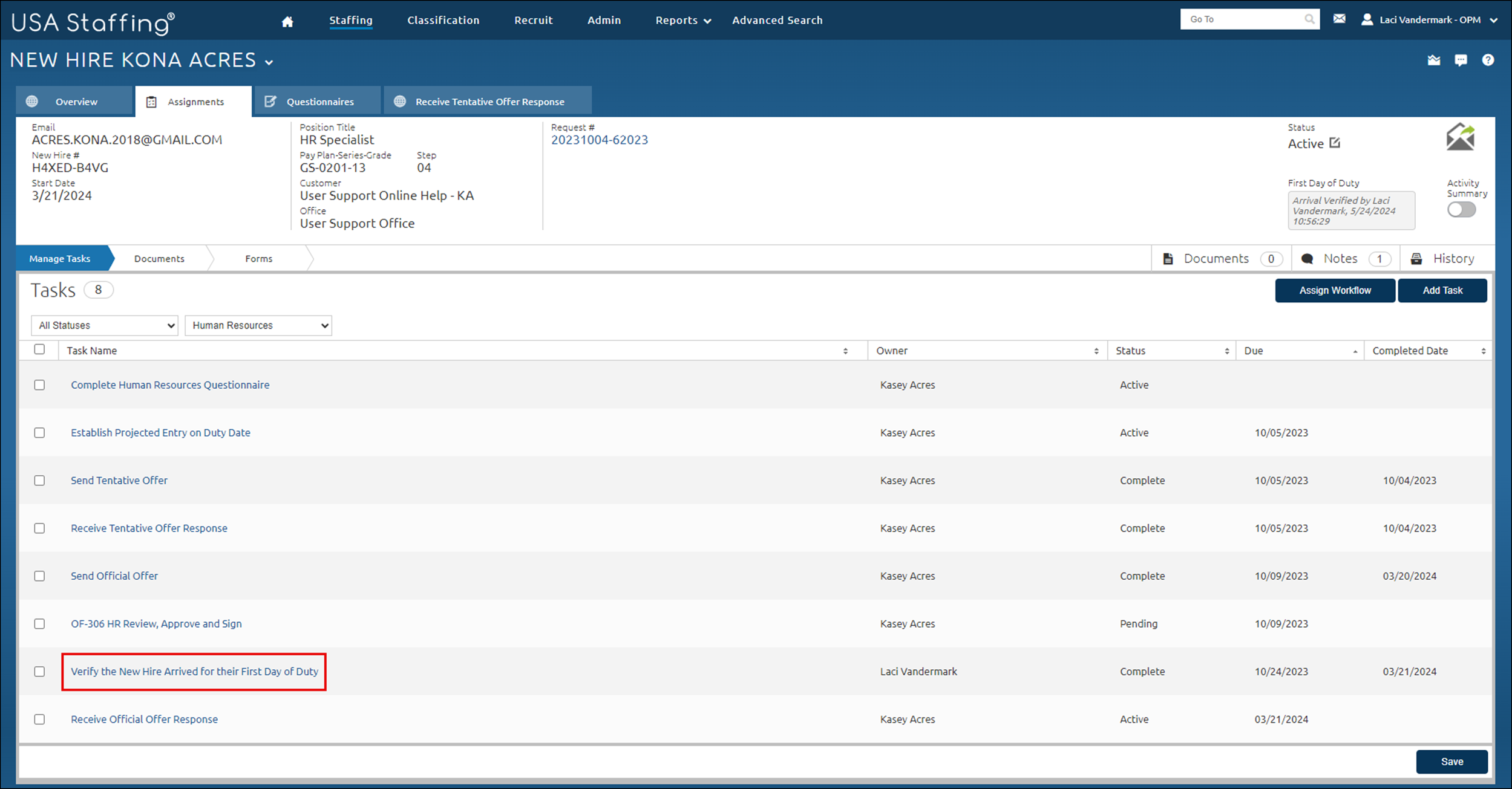 Verify NH Arrived Completed Task