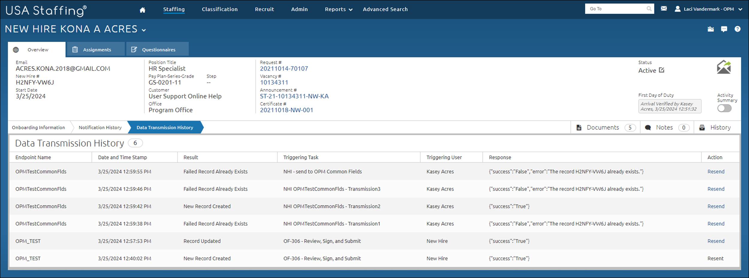 New Hire Data Transmission History