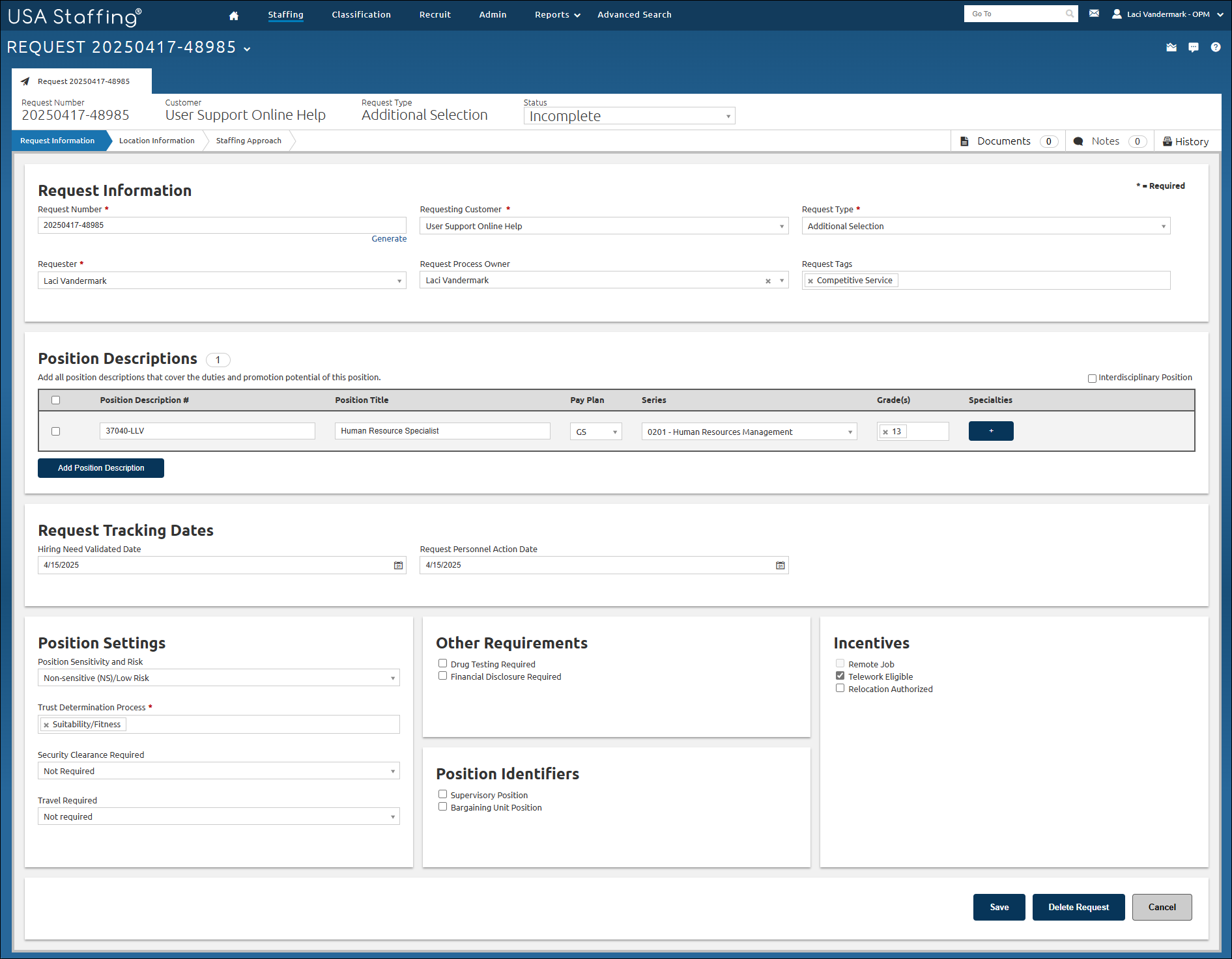 Additional Selection  Request Information Page