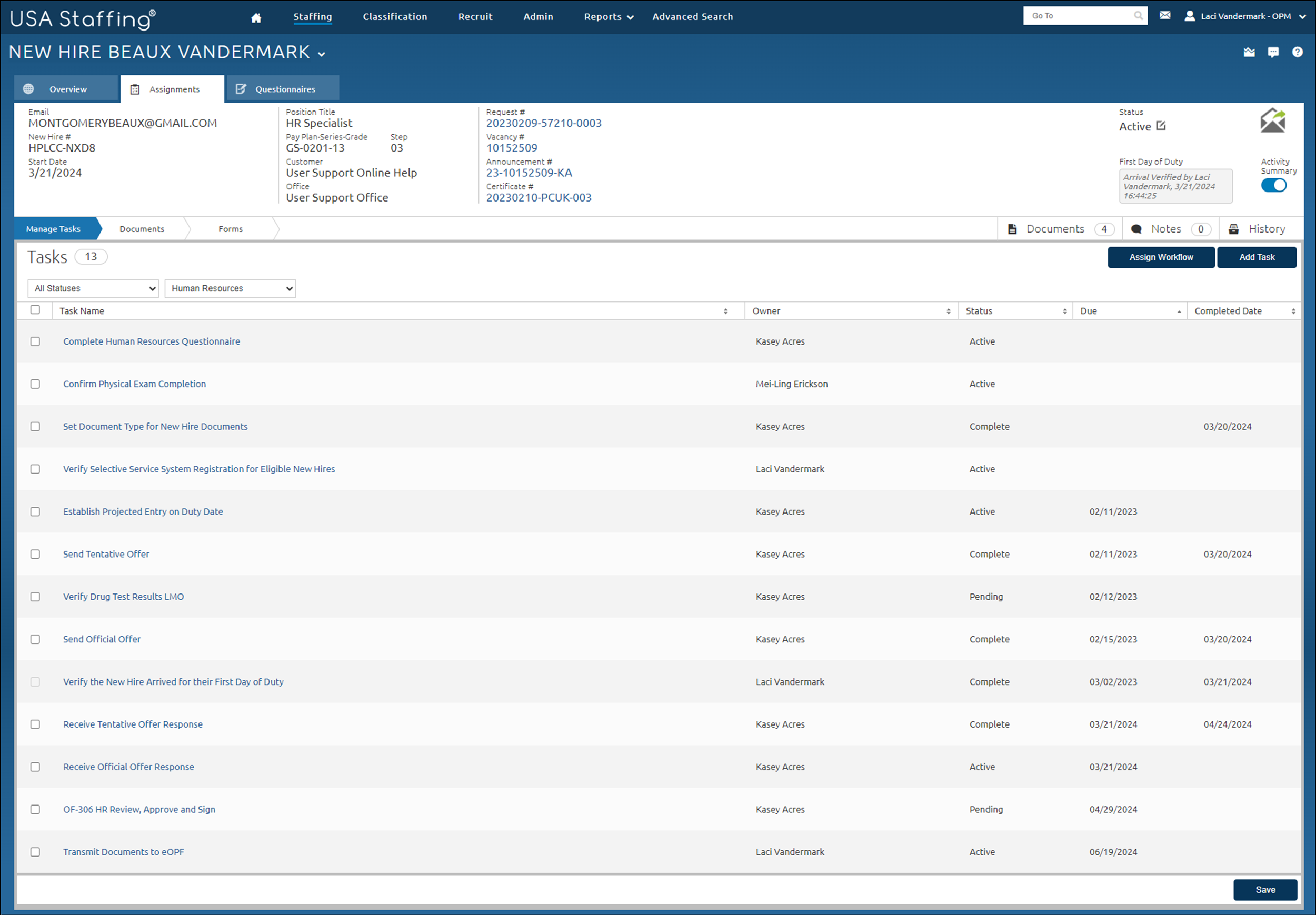 New Hire Manage Tasks Page
