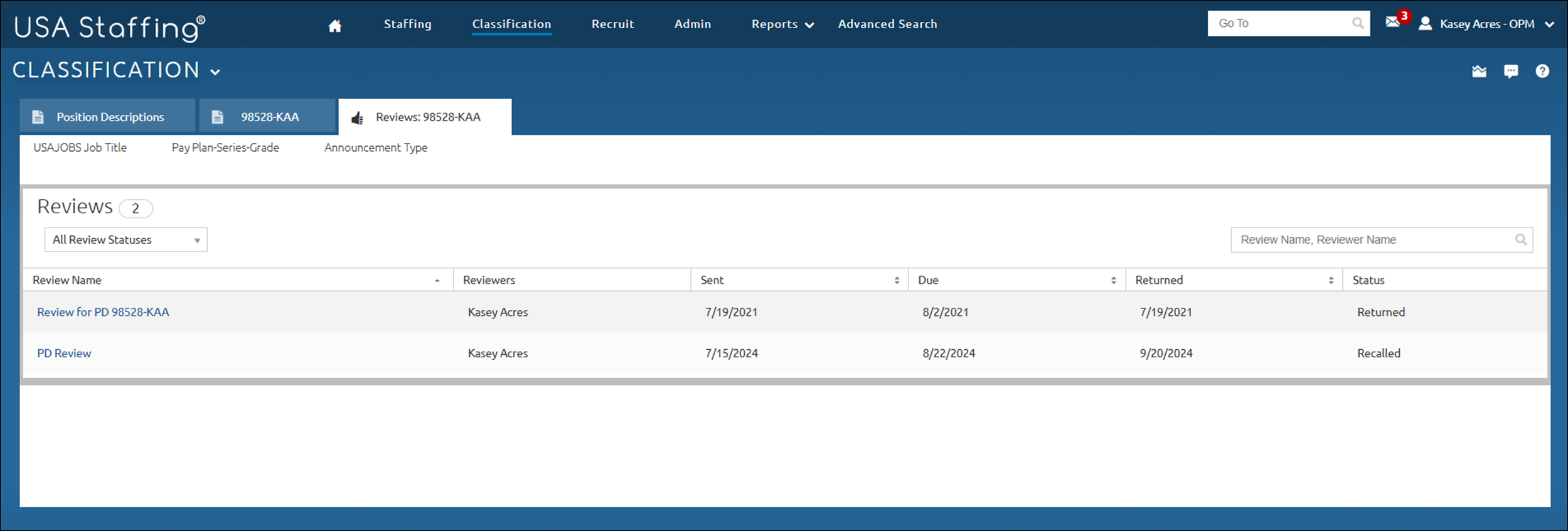 Manage position description reviews page