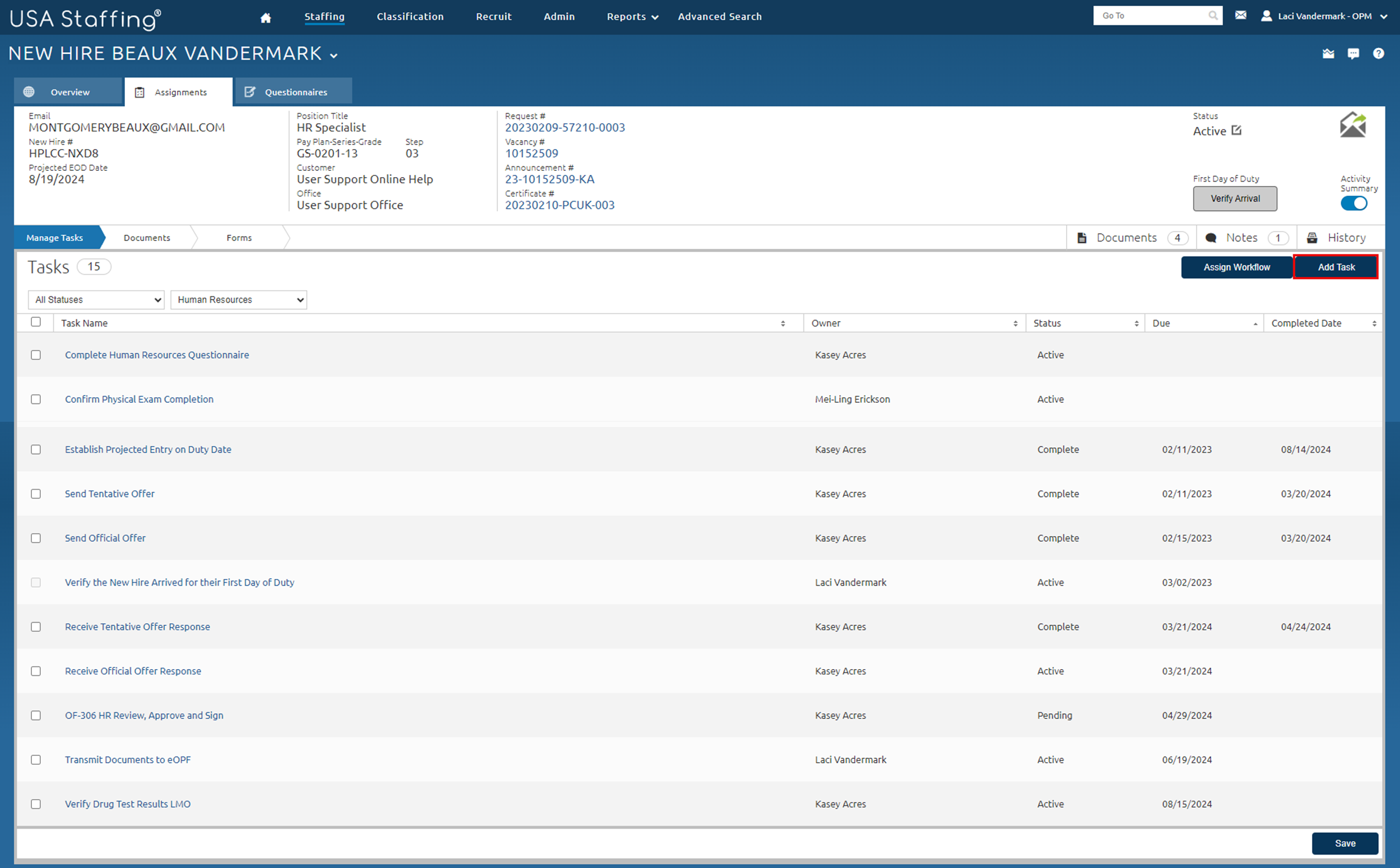 New Hire Add Task