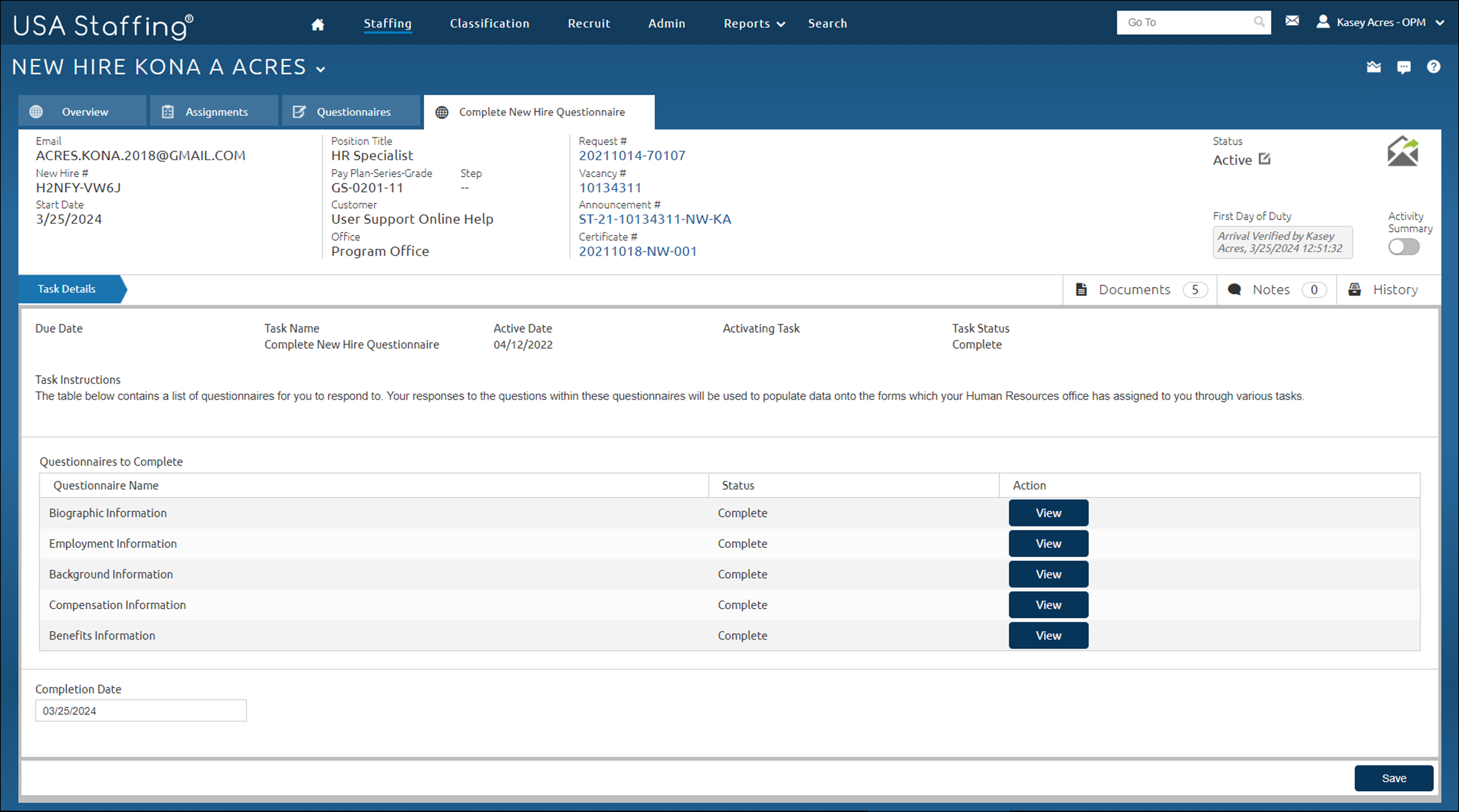 View New Hire Questionnaire