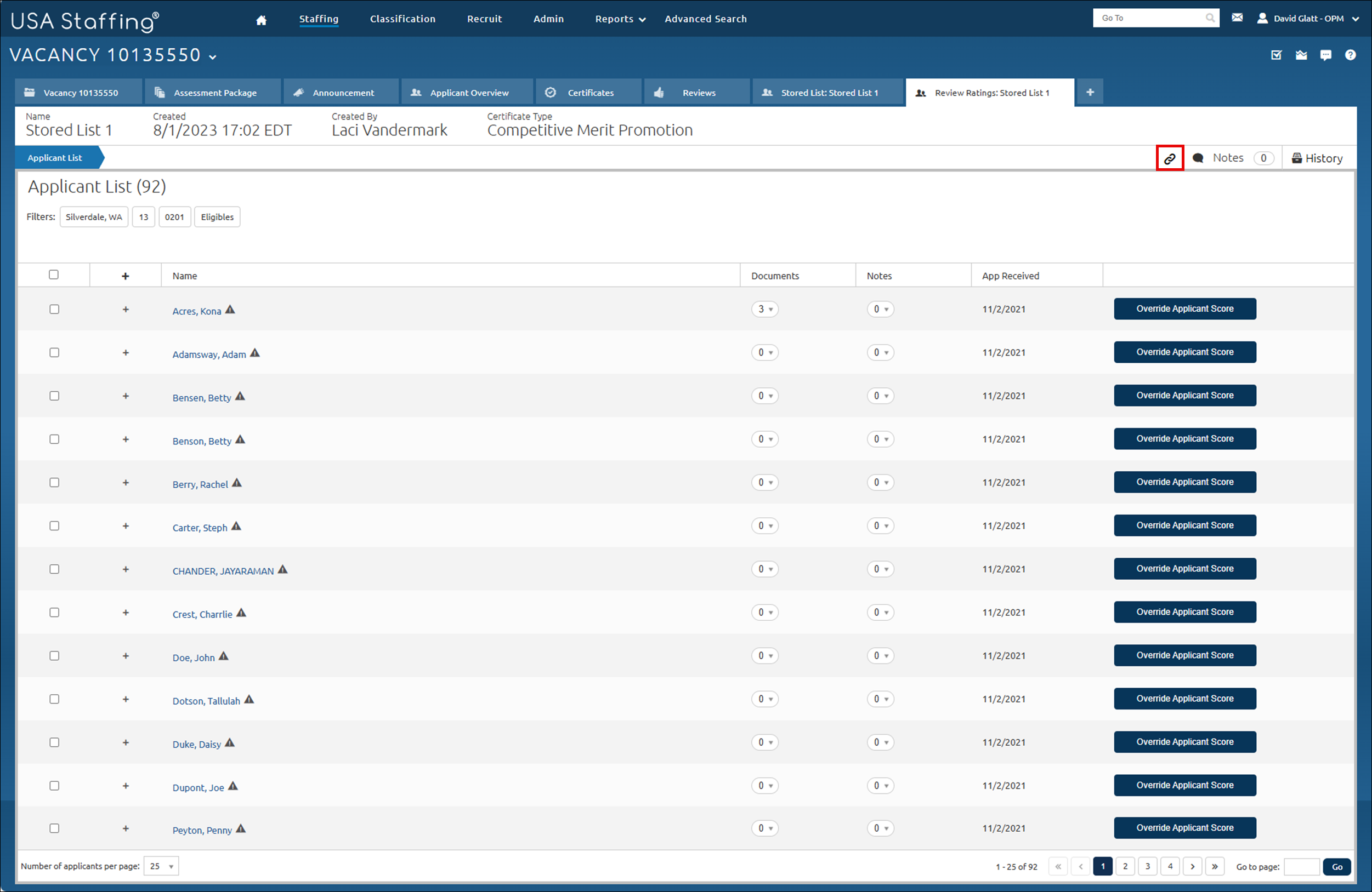 Core - Switching between stored list and review ratings link highlighted