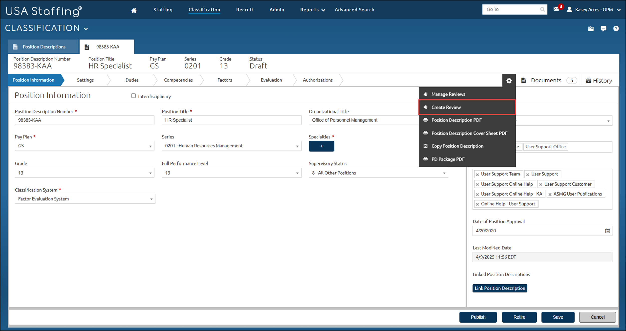Create Position Descrition Review page