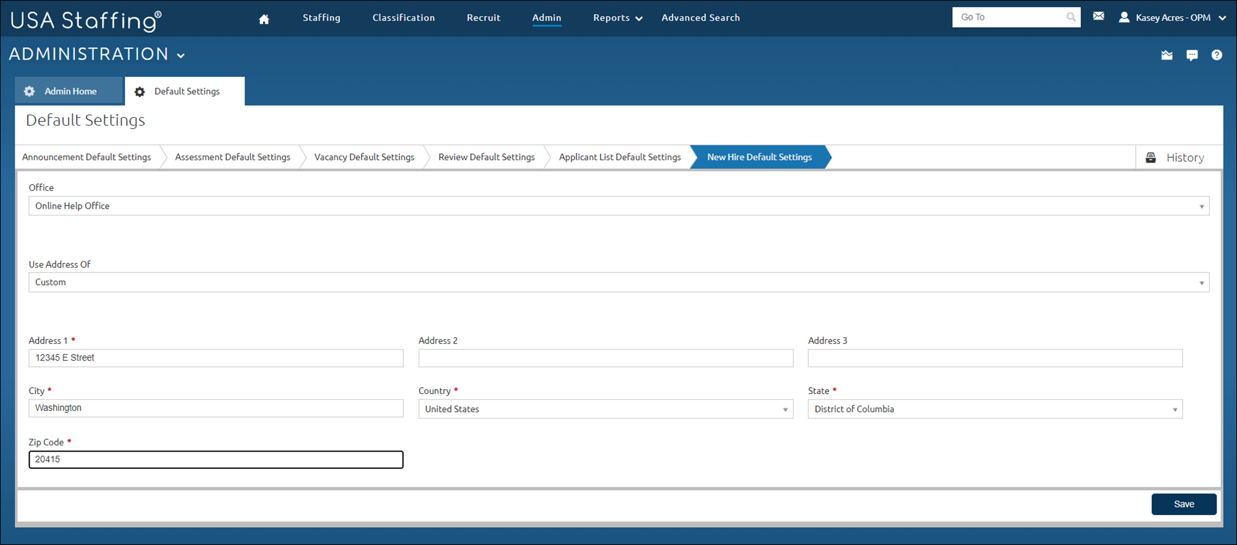 New Hire Default Settings page