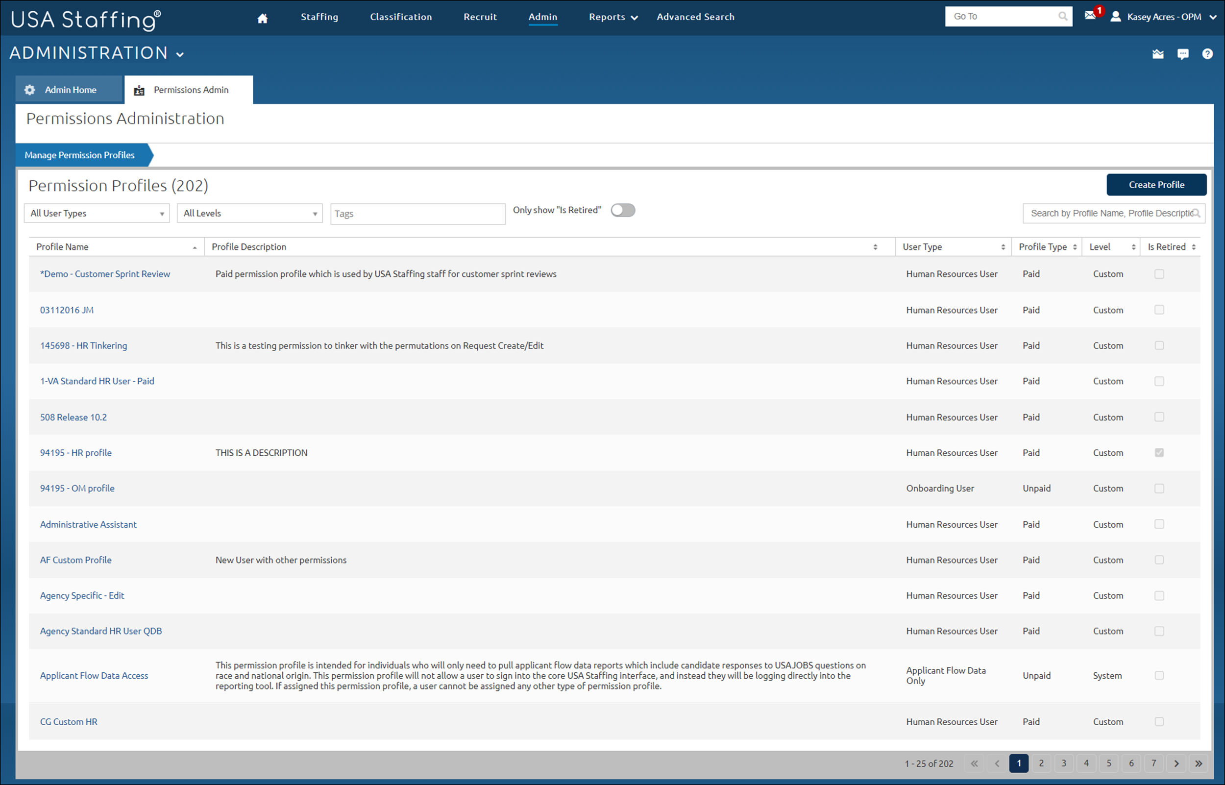Manage Permission Profiles page