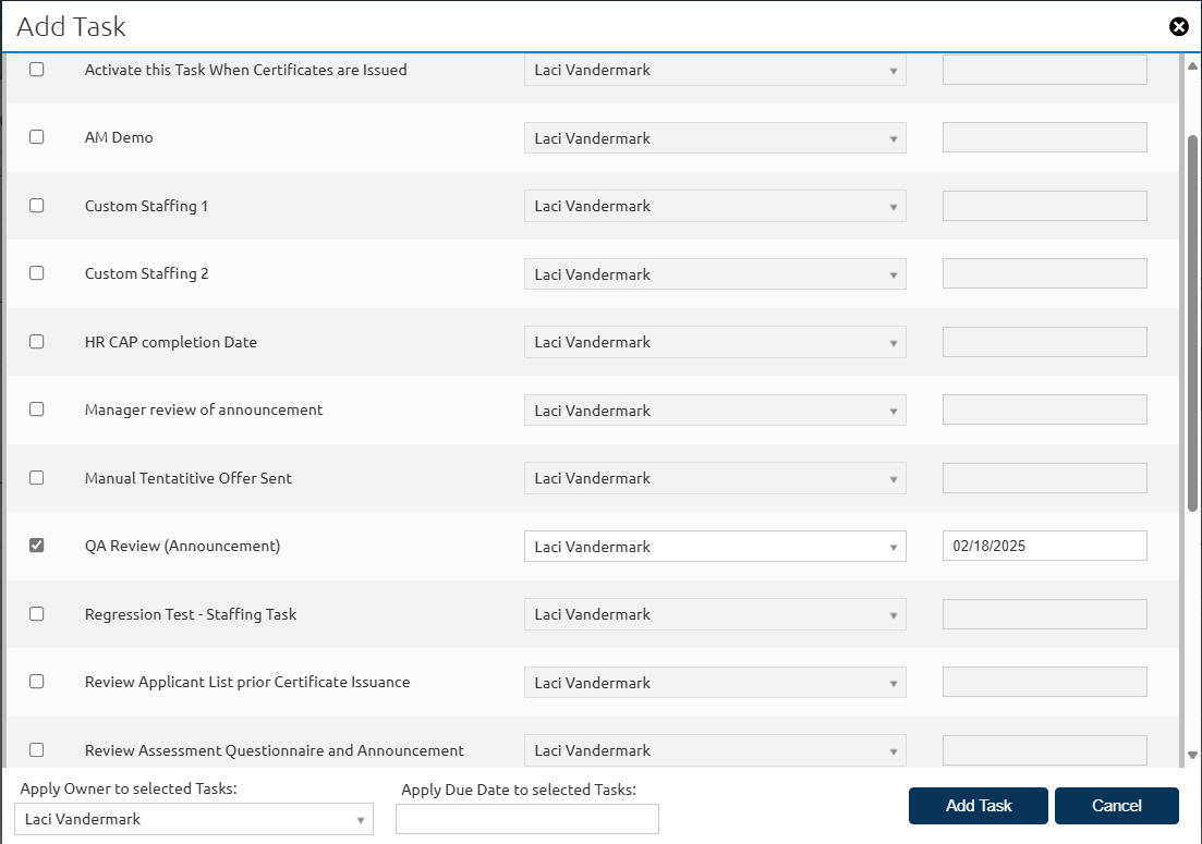 Vacancy add task pop-up box with task options to choose