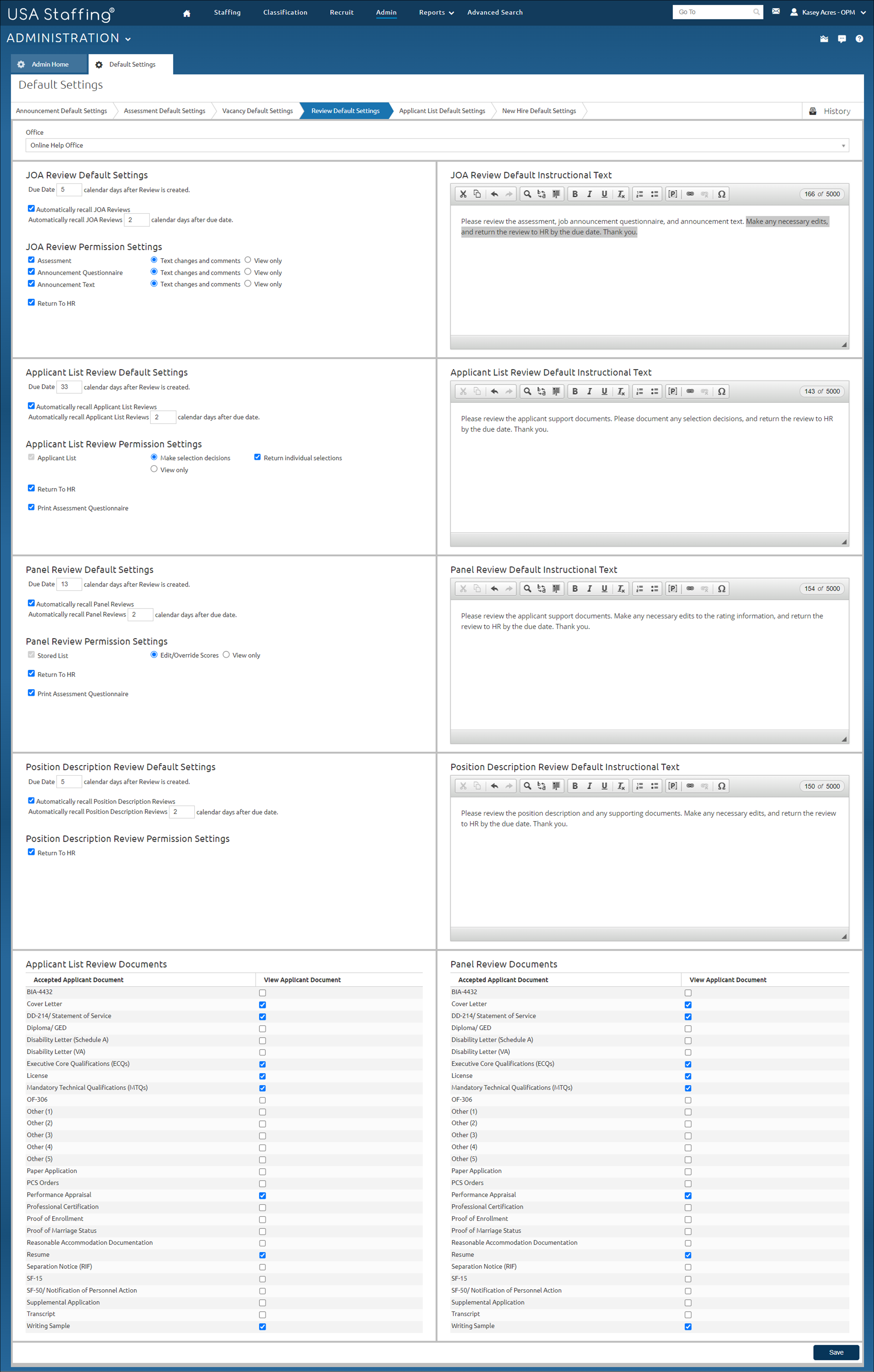Review Default Settings page