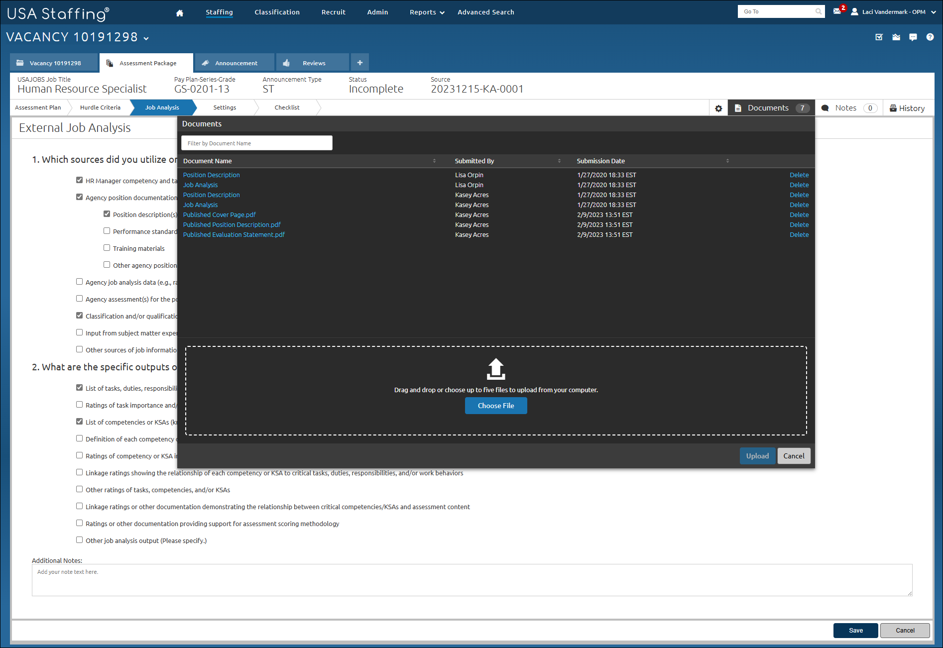 Add documents to Job Analysis drop down