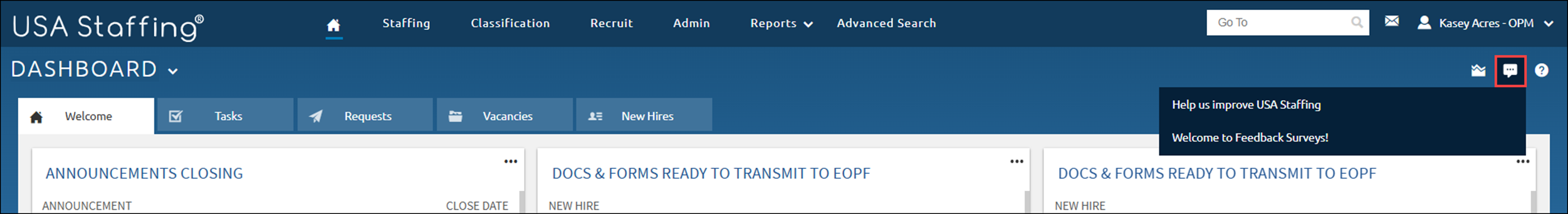 Dashboard with the Feedback icon highlighted.