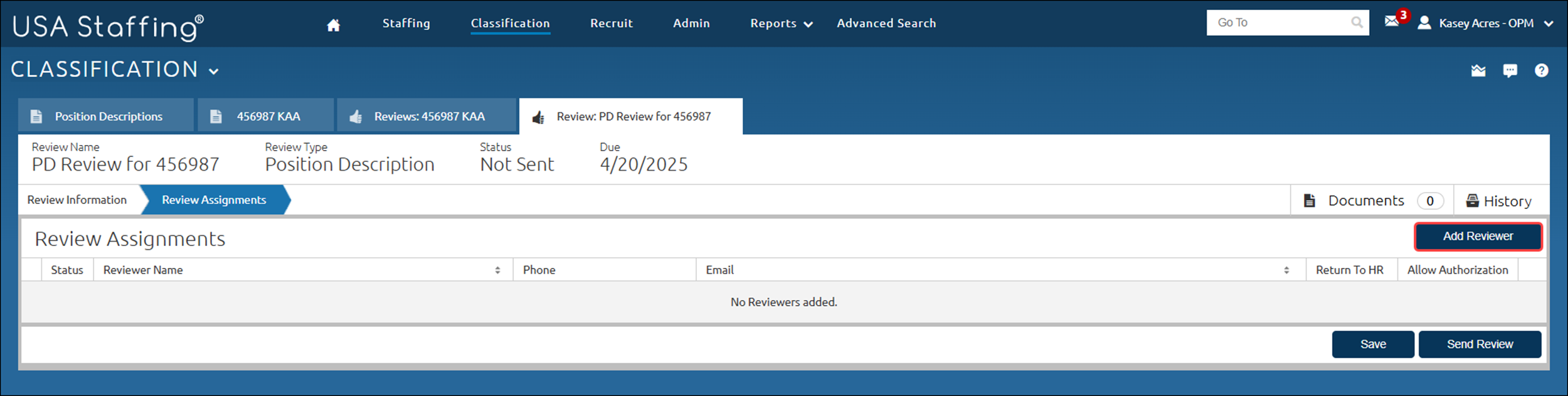 Position Descrition Review Assignments page with Add Reviewer highlighted