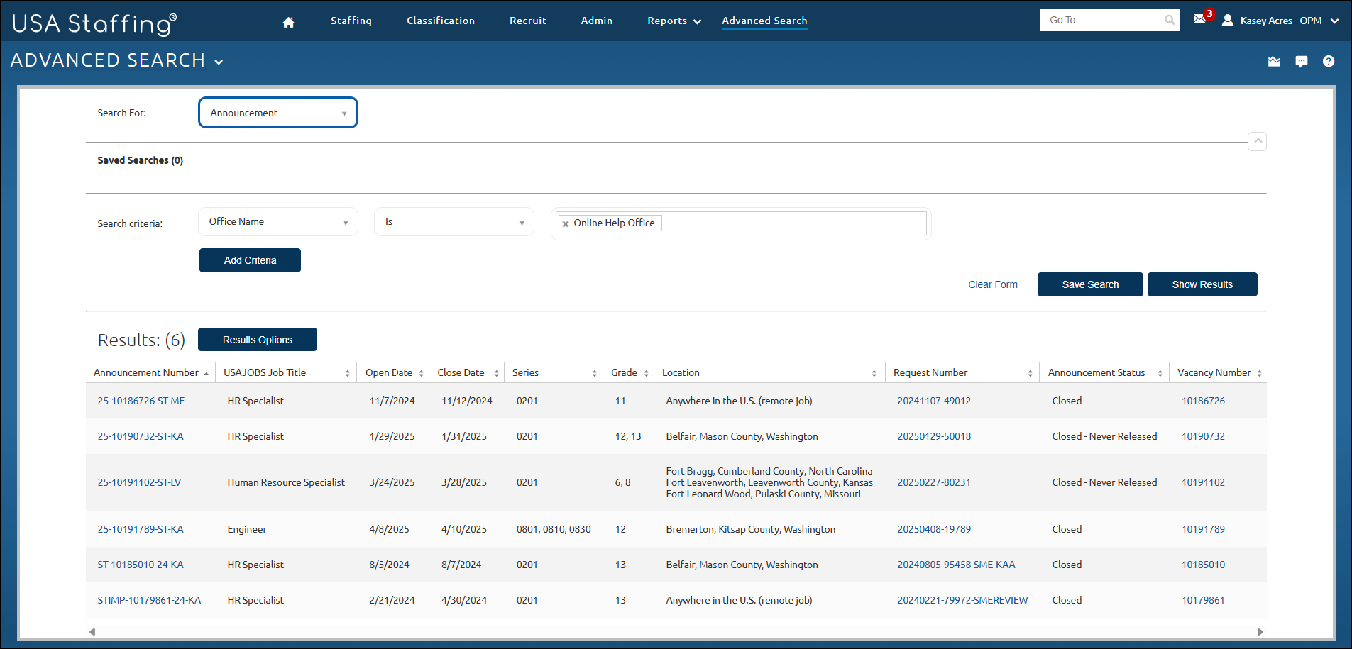  Advanced Search page showing sample information.