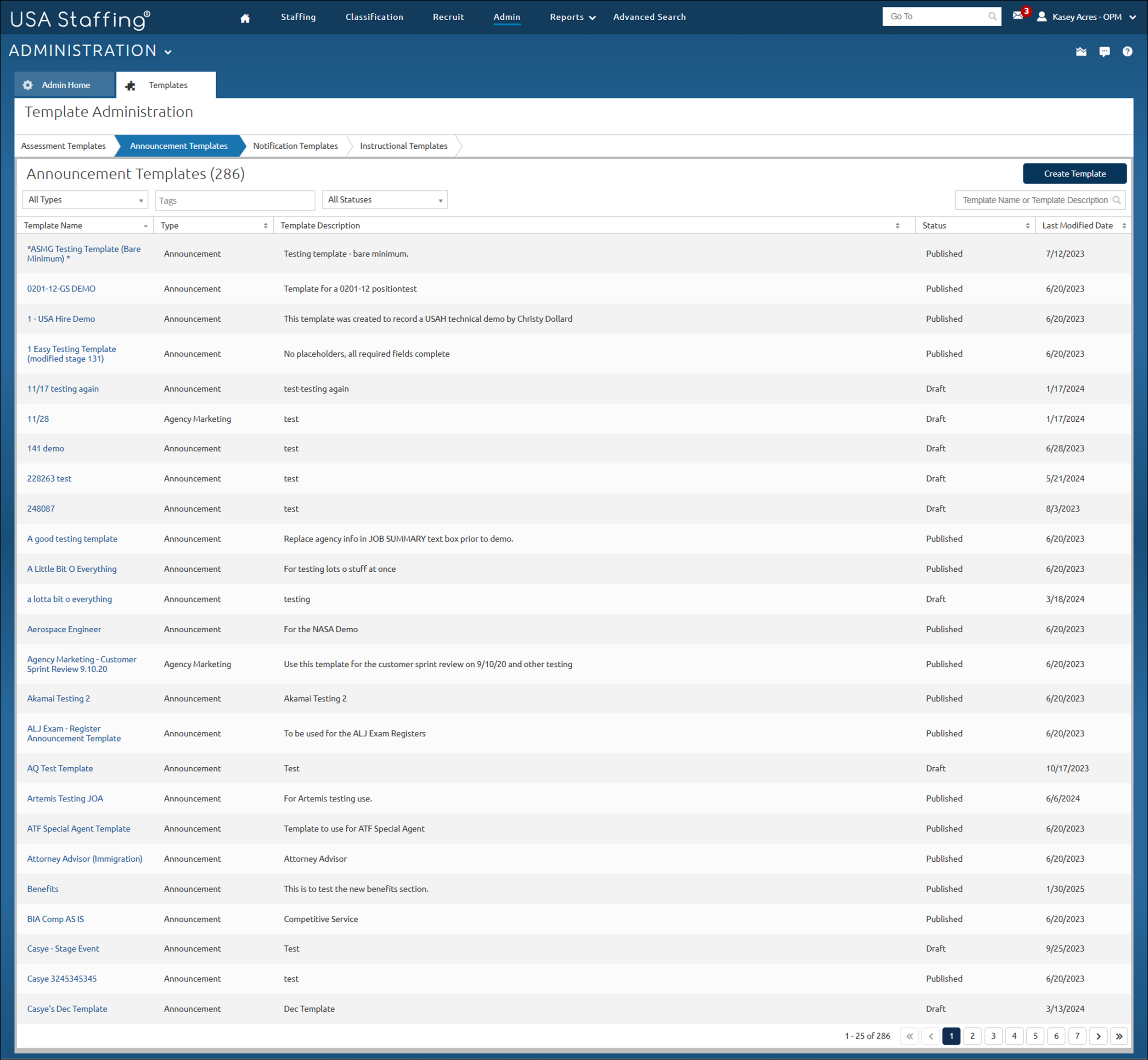 TEmplate Administration - Announcement Template main page with the ability to sort columns