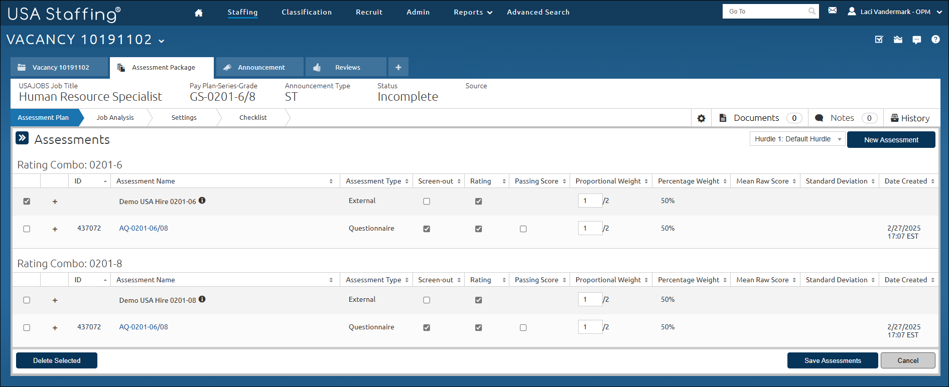 Assessment plan page showing options to Delete Assessment