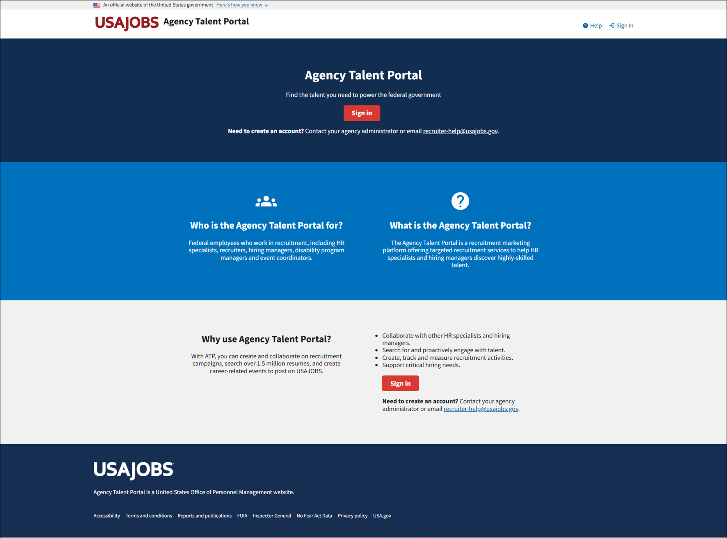Recruit select and redriectthe user to the USAJOBS Agency Talent Portal (ATP).