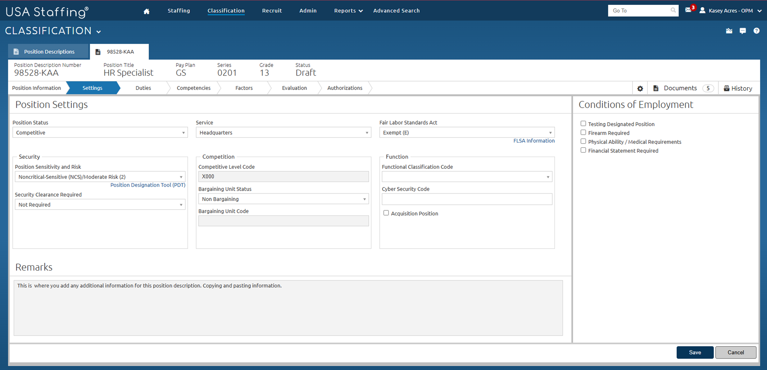 Position Description - Settings page