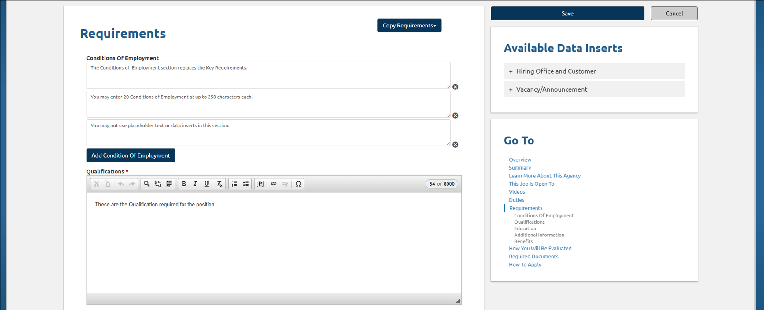Announcement - Requirements section with Benefits text field - add edit delete