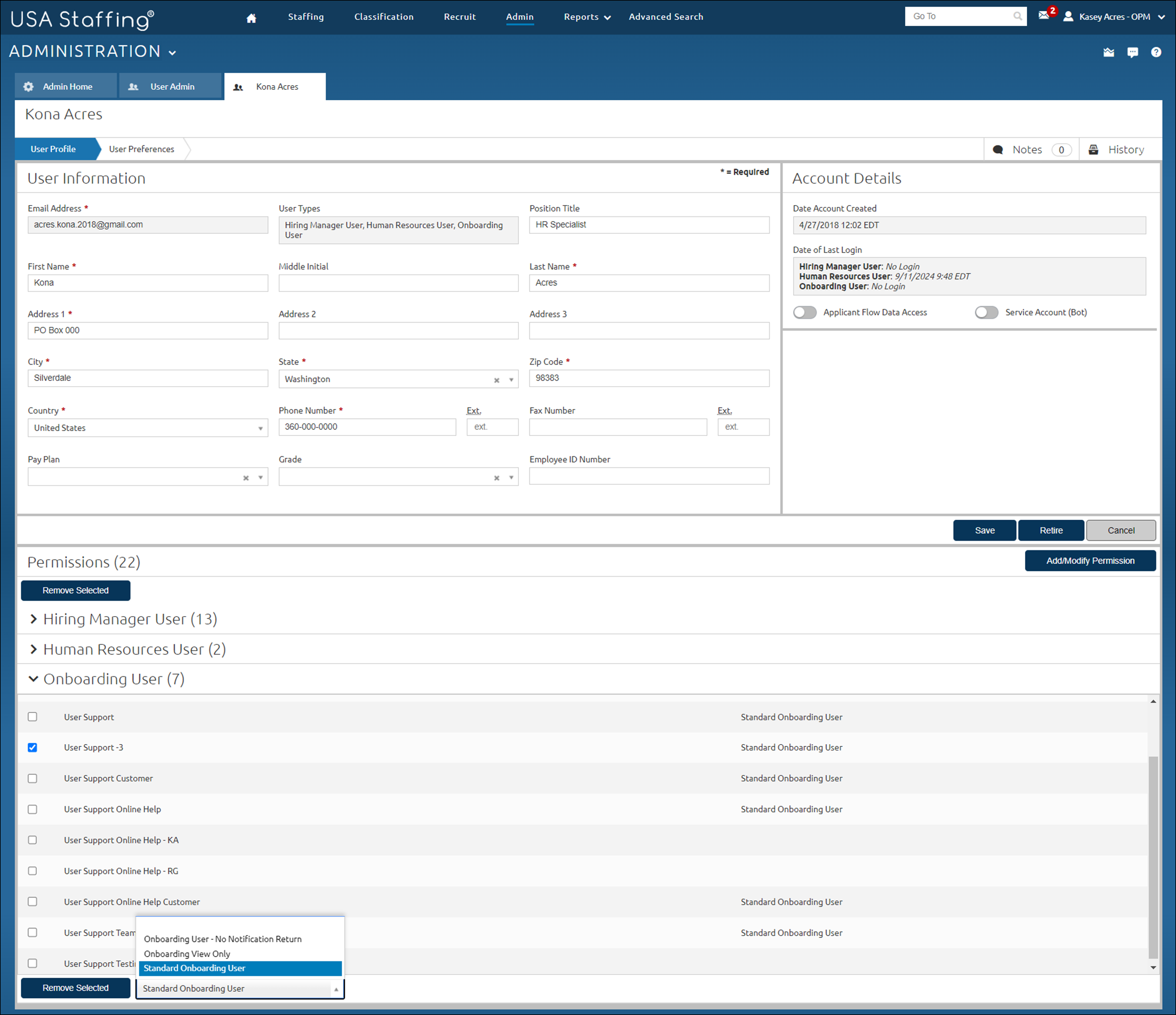 Modify user account with multiple permission changes