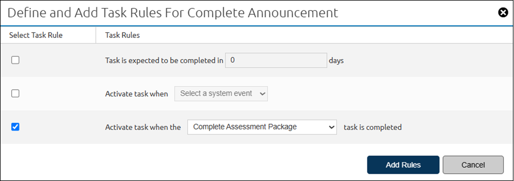 Workflow Activities Task Rules pop-up