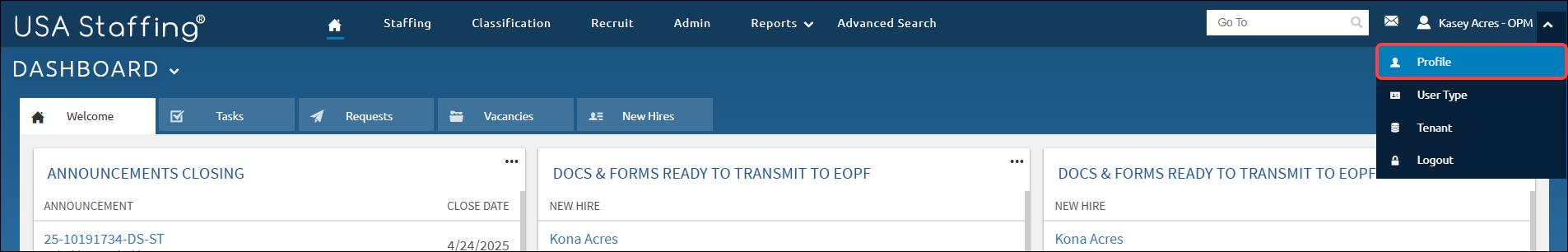 Account drop-down selected showing Profile highlighted 