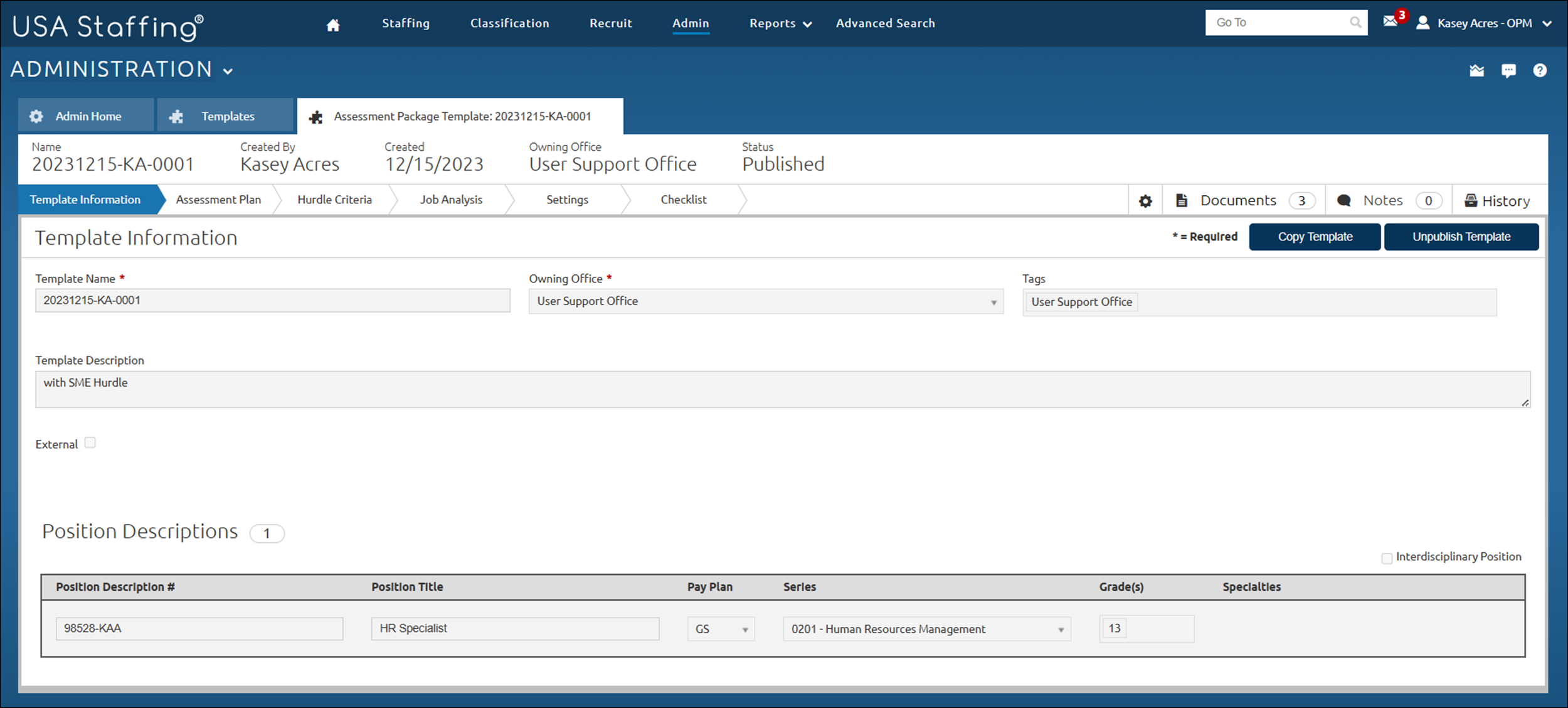 Assessment Template - Template Information page with the Unpublish Template button appearing