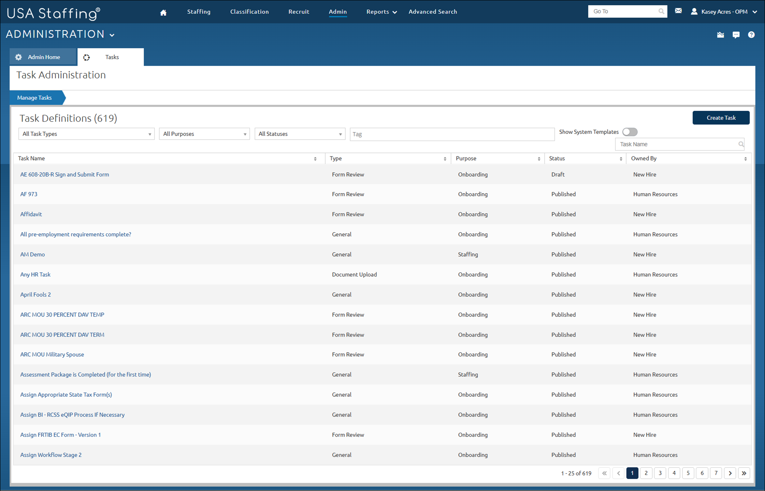 Manage Tasks page