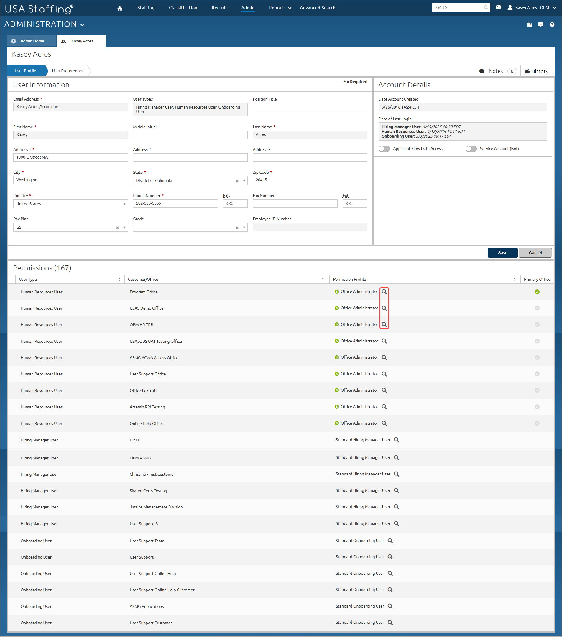 User Profile information showing with View permissions highlighted