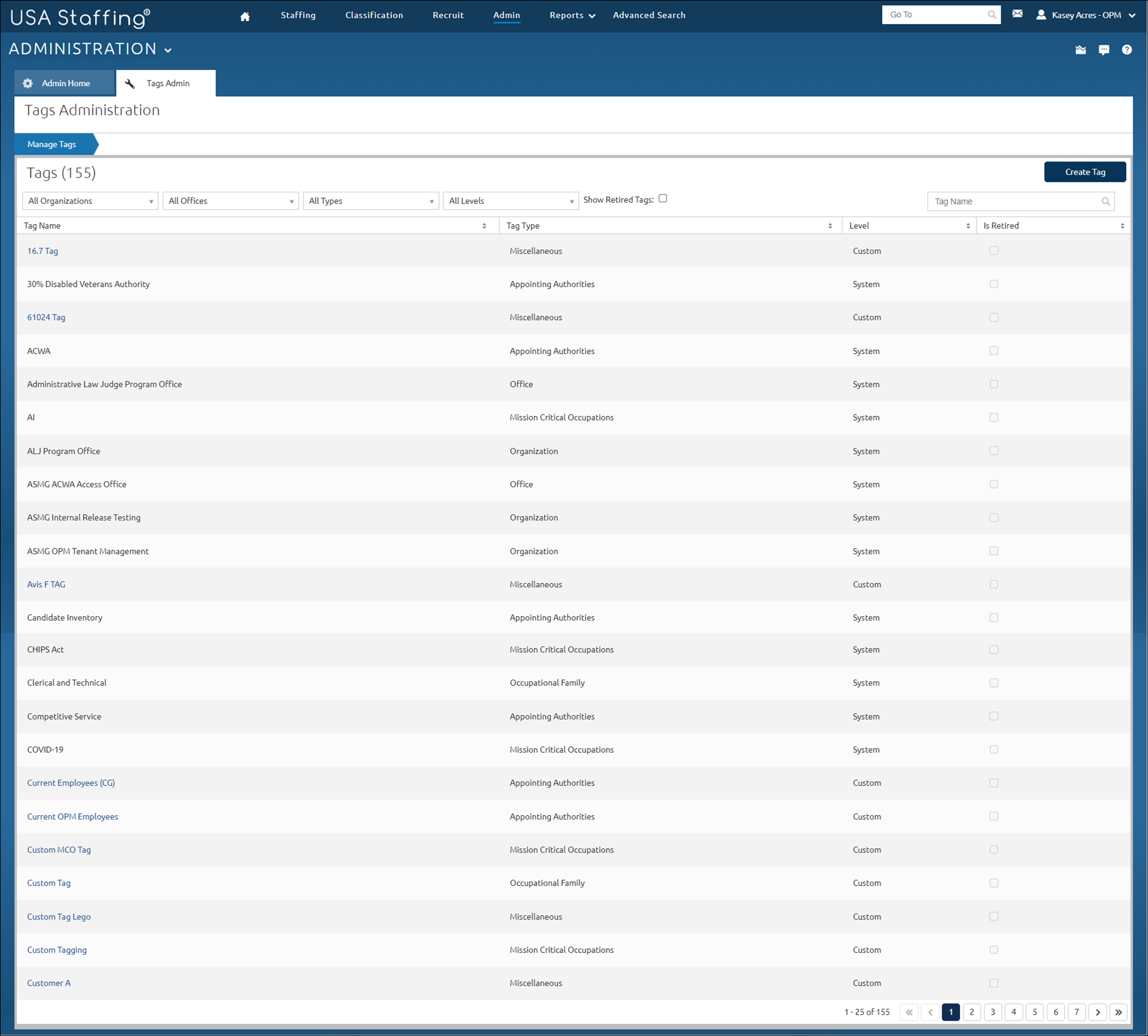 Manage Tags page