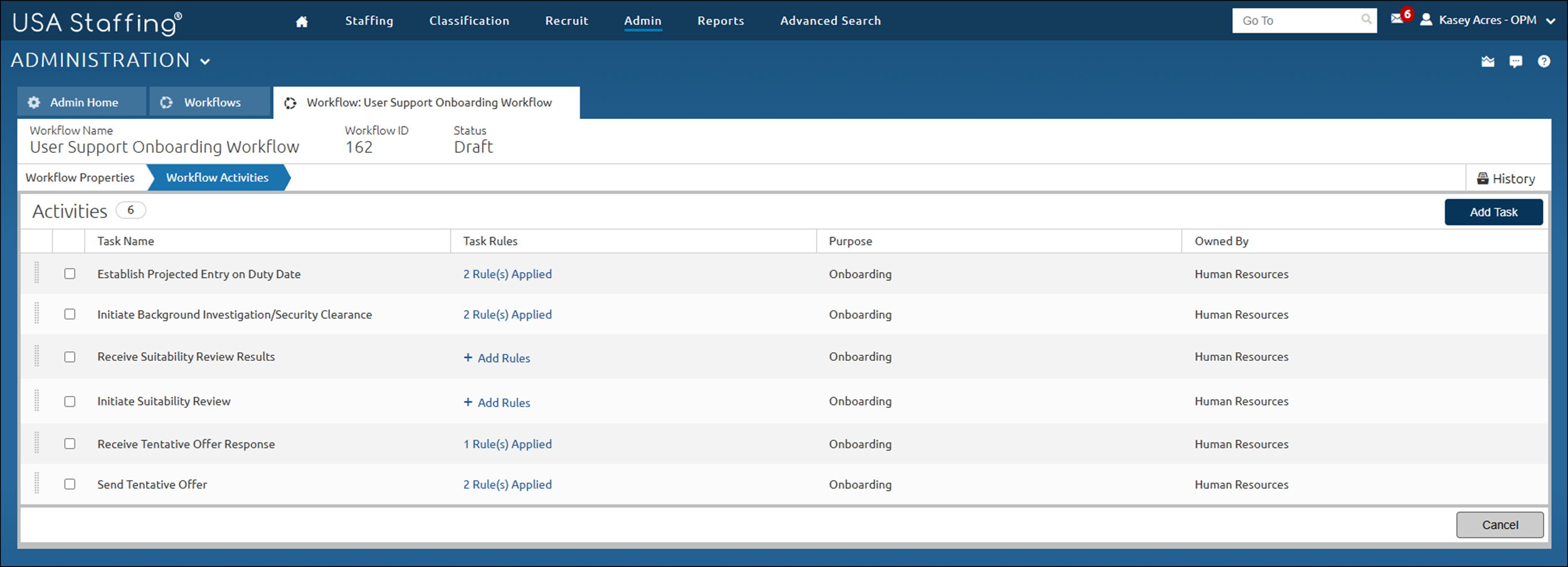 Workflow Activities page