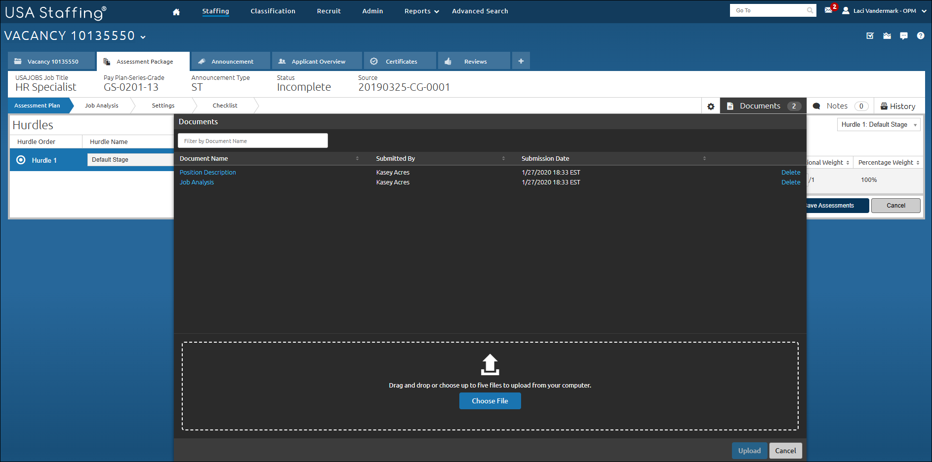 Uploading a document to an assessment package