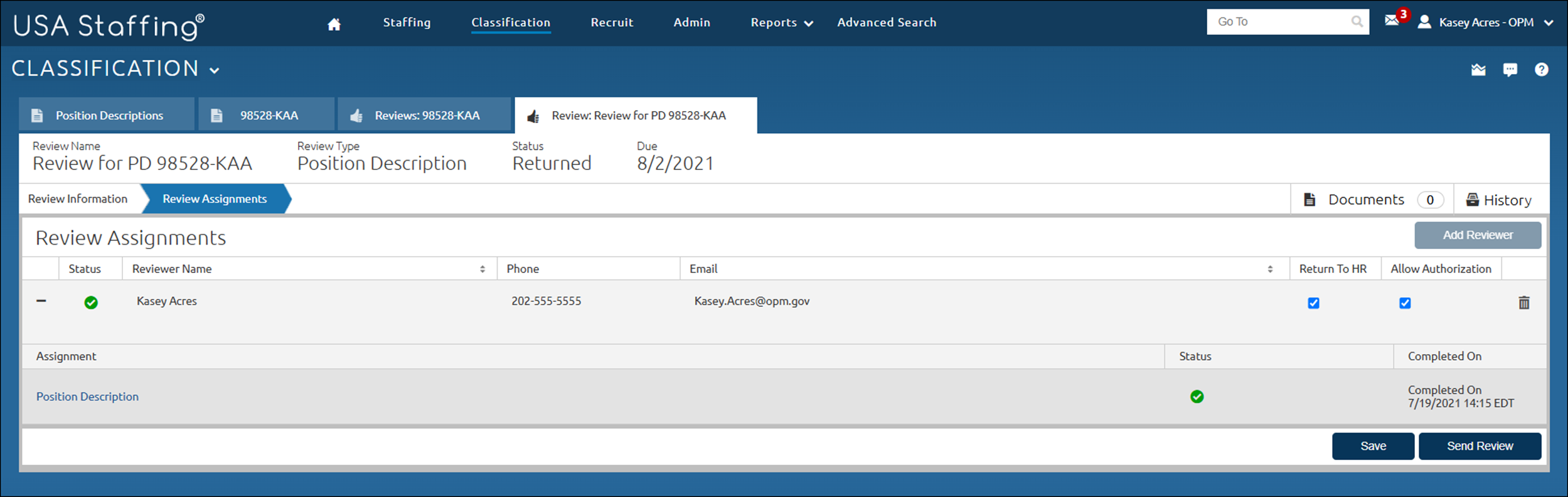 Position Descrition Review Assignments showing the returned review