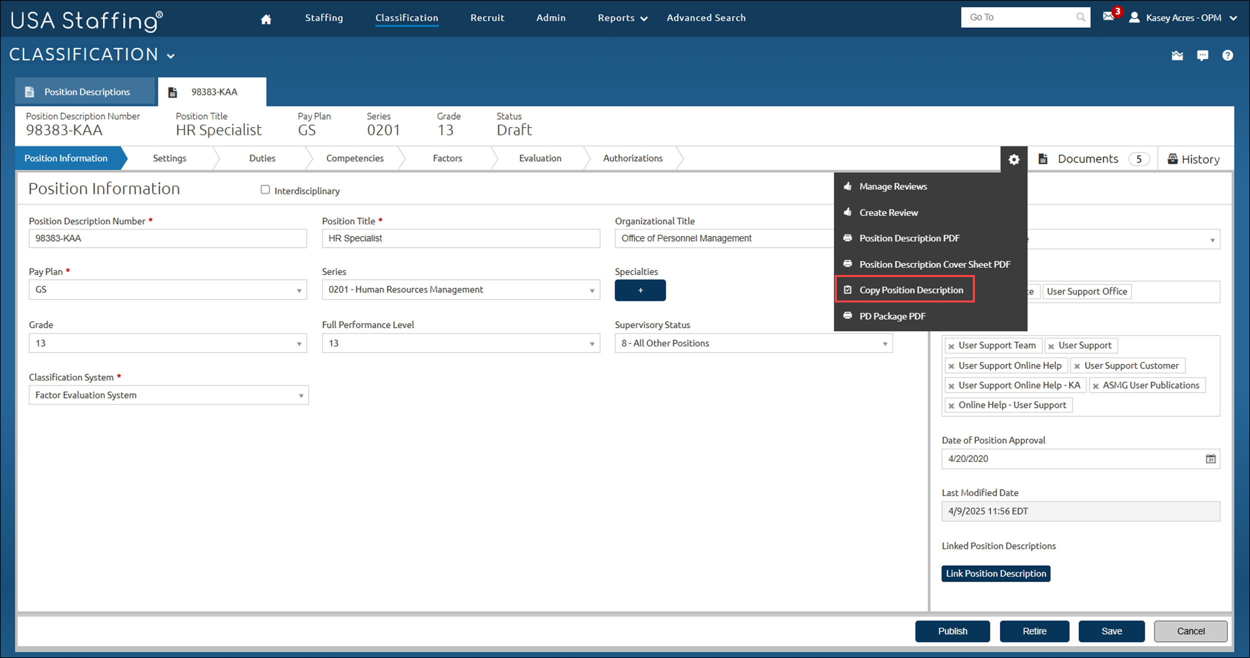 Position Description Options showing with Copy Position Description highlighted