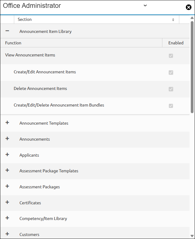 View permission sections showing with one plused open