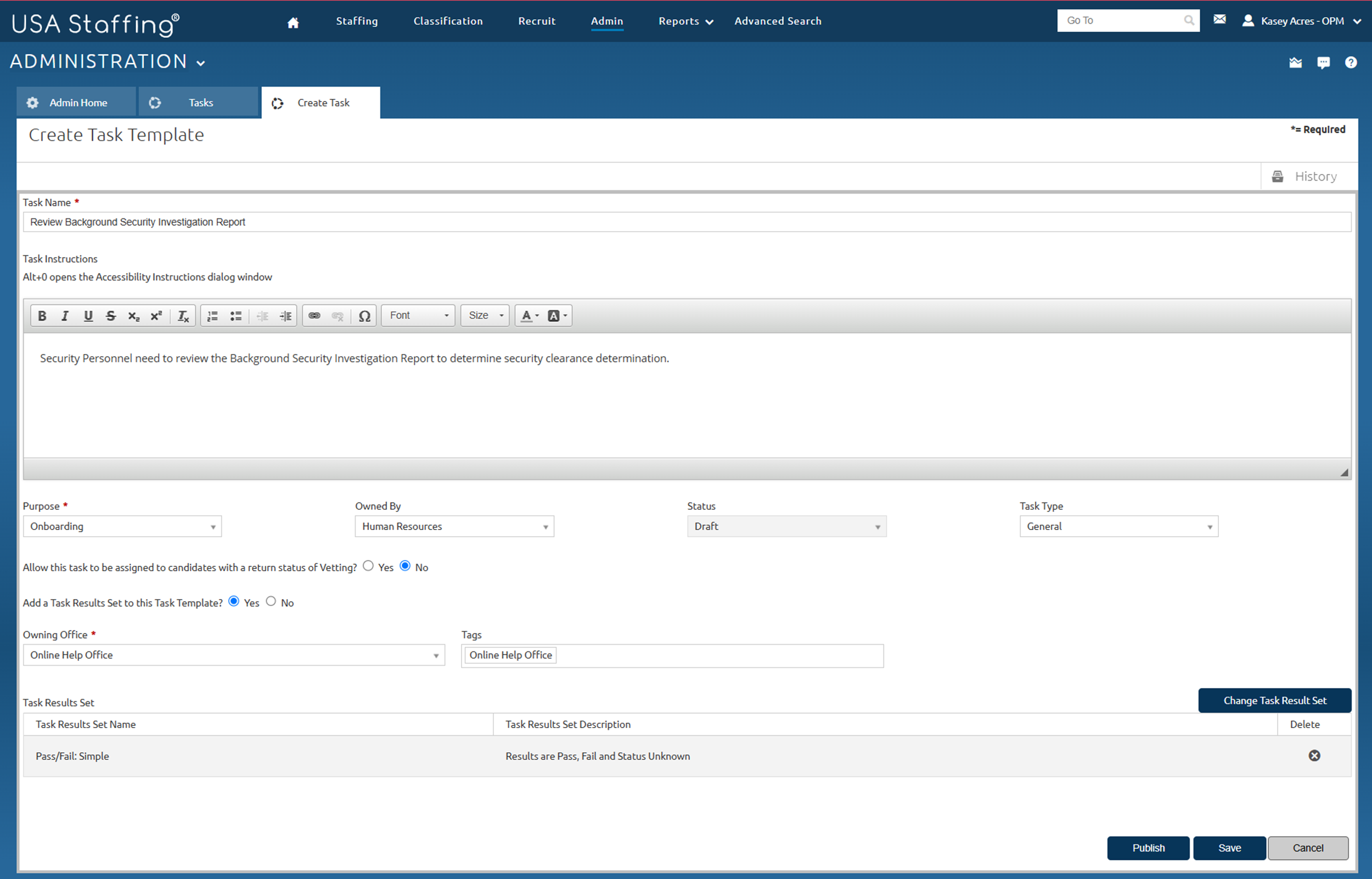 Create Task Template with Tasks Results Set selected