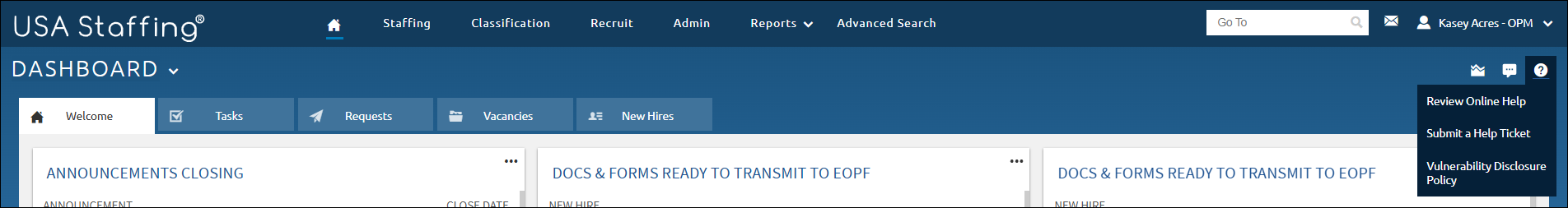 Help icon expanded showing the Submit a Help Ticket button showing. 