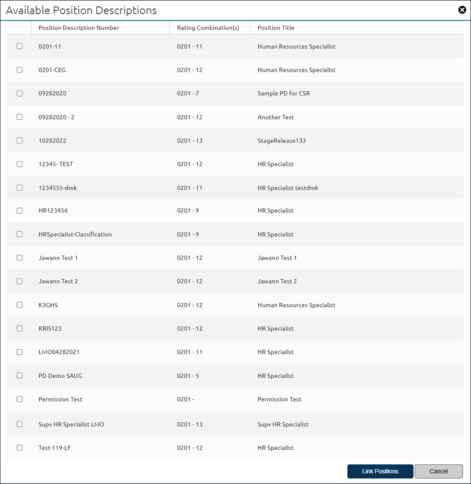 List of Available Position Descriptions that can be linked
