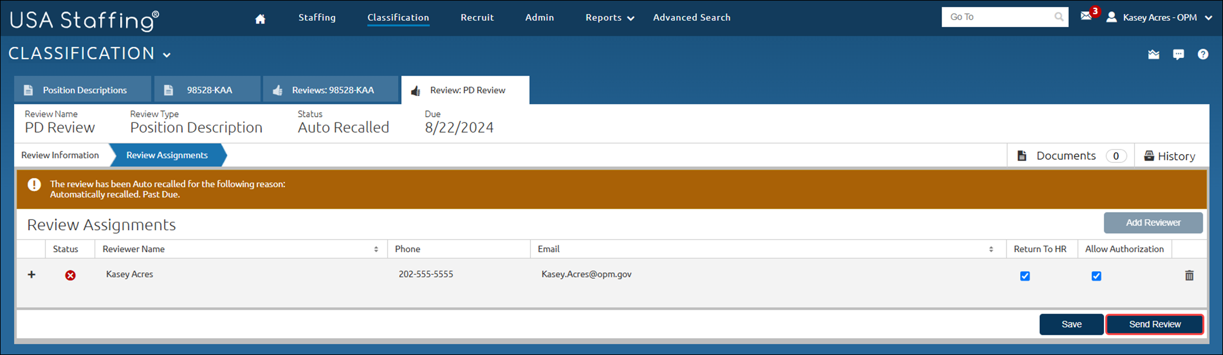 Position Descrition Review Assignments page with the Send Review button highlighted
