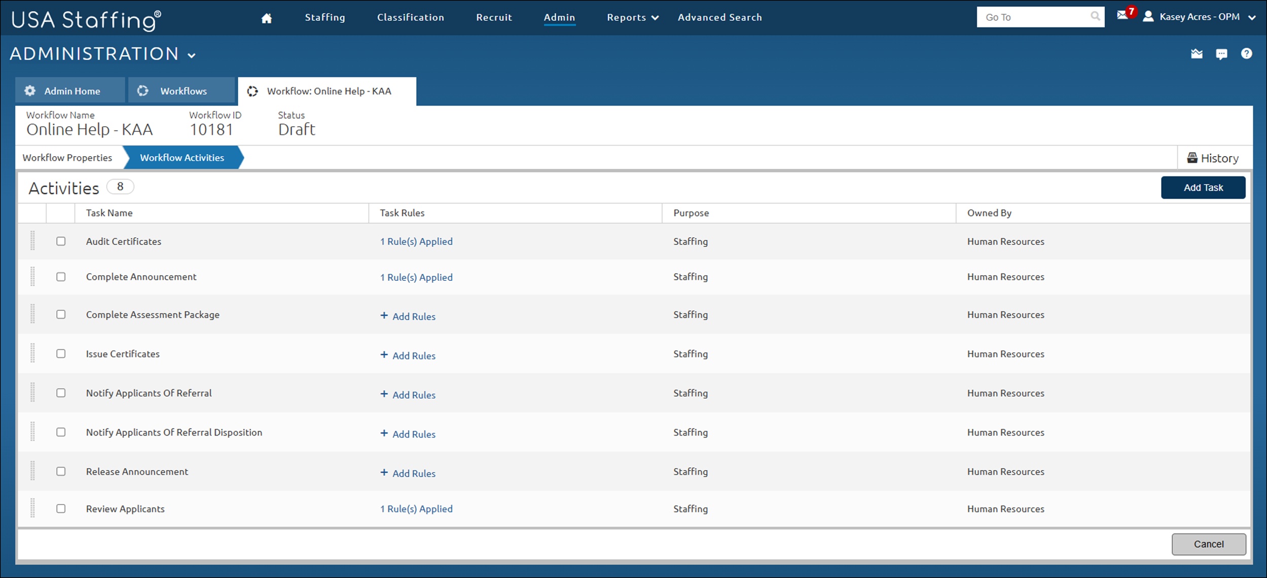 Workflow Activities page