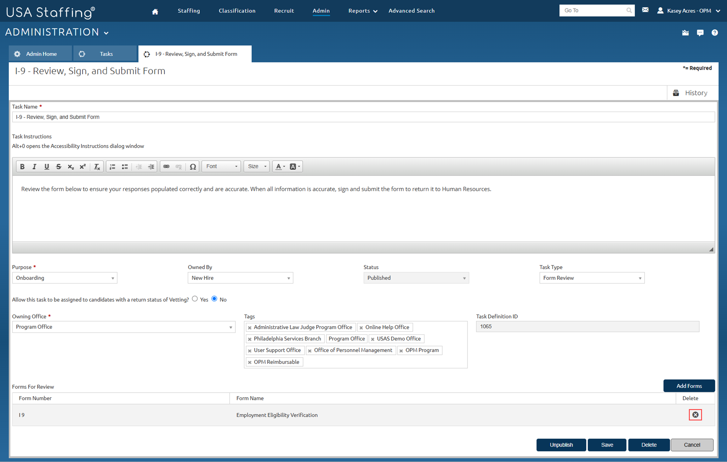Delete Form from Task Template with highlighting the delete button
