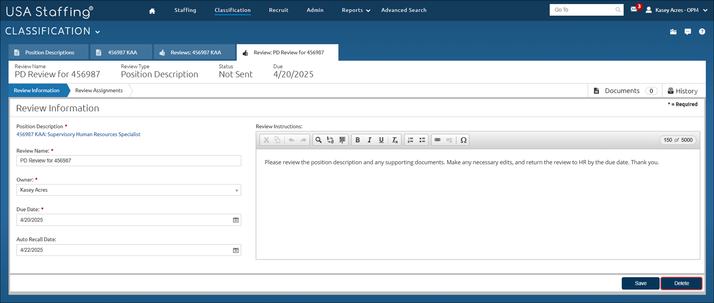 Position Descrition Review Information page with the delete button highlighted.