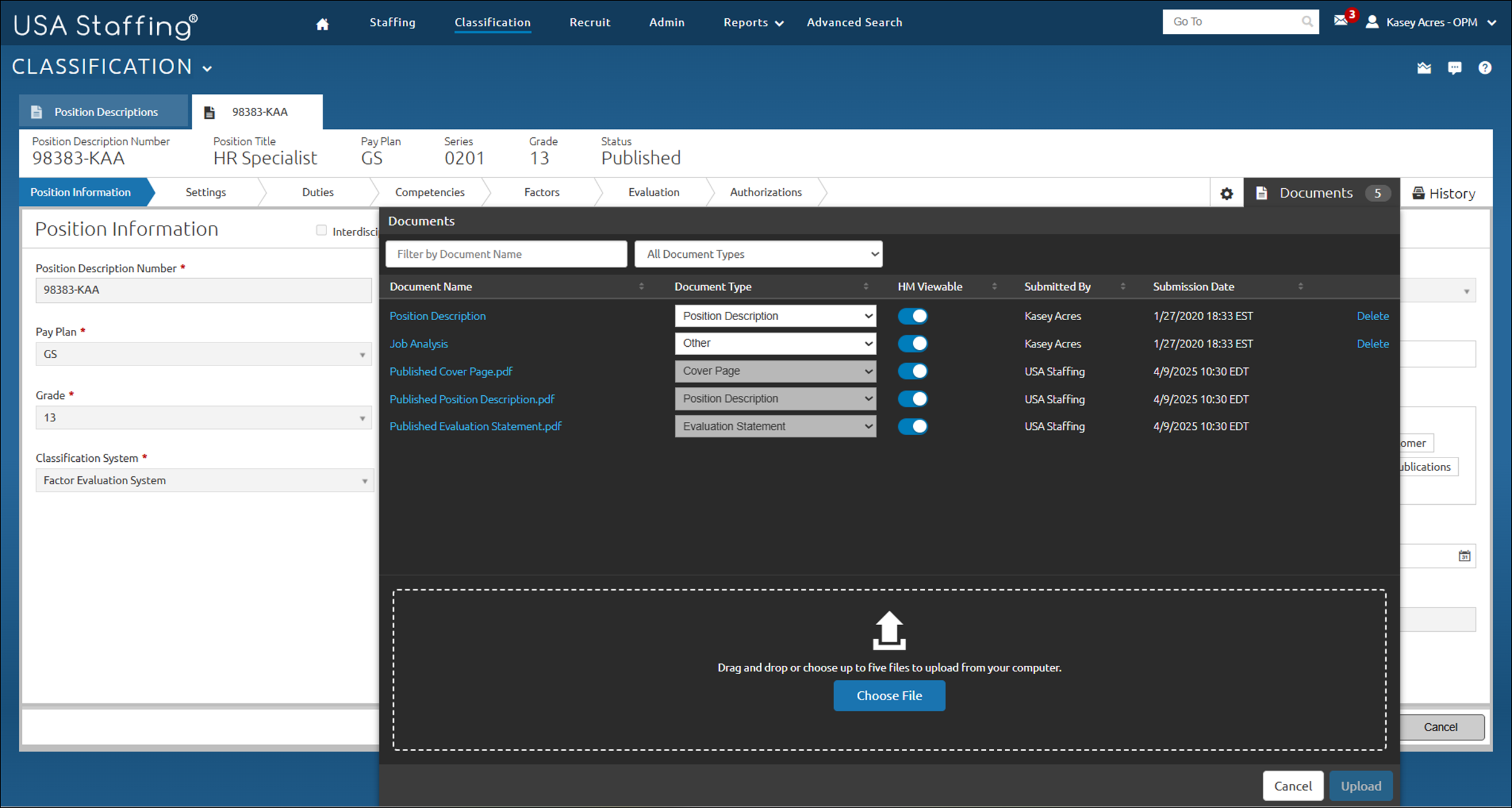 Position Information page with the Documents modal open