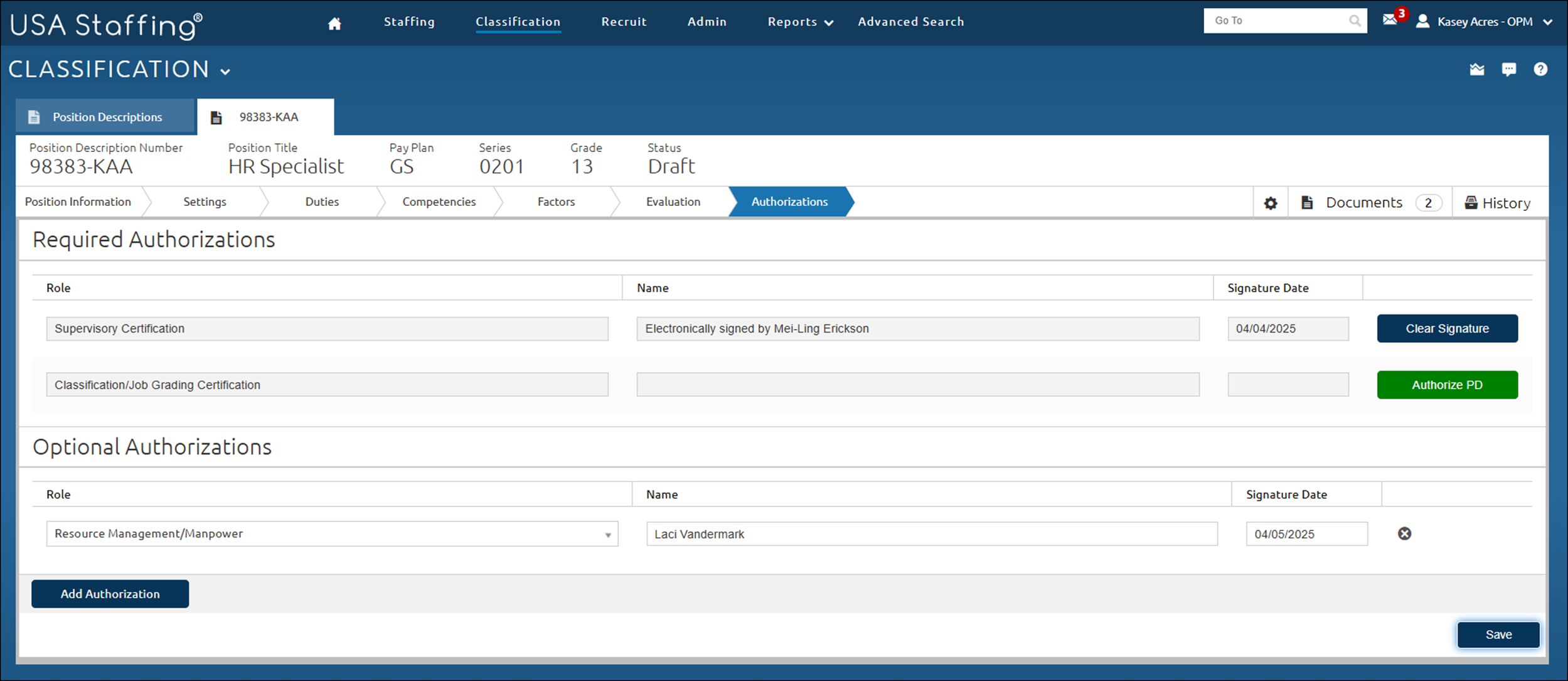 Position Description - Authorization page