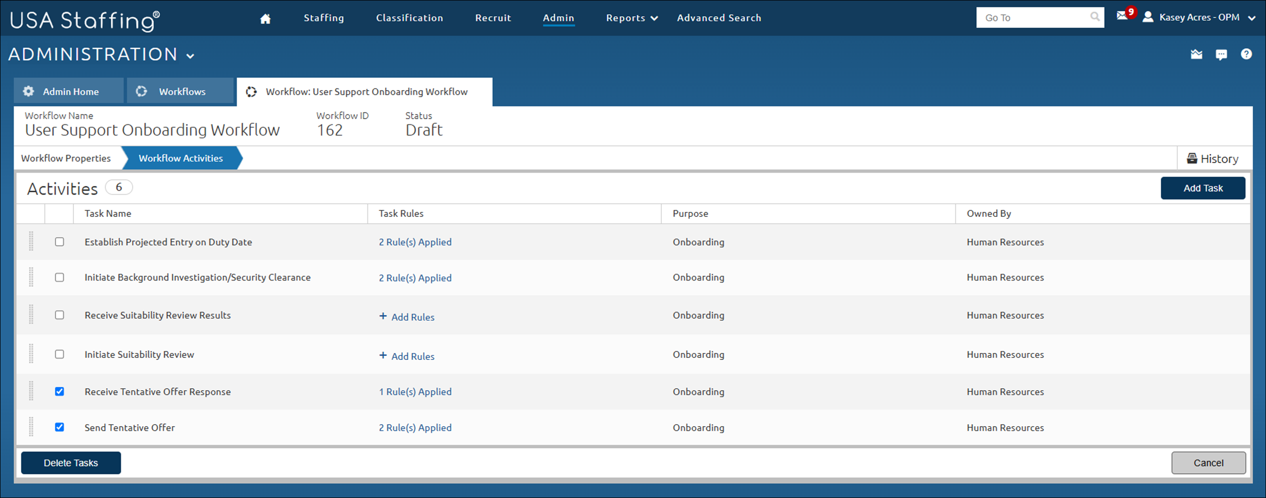Workflow Activities page with checks next to tasks to be deleted.