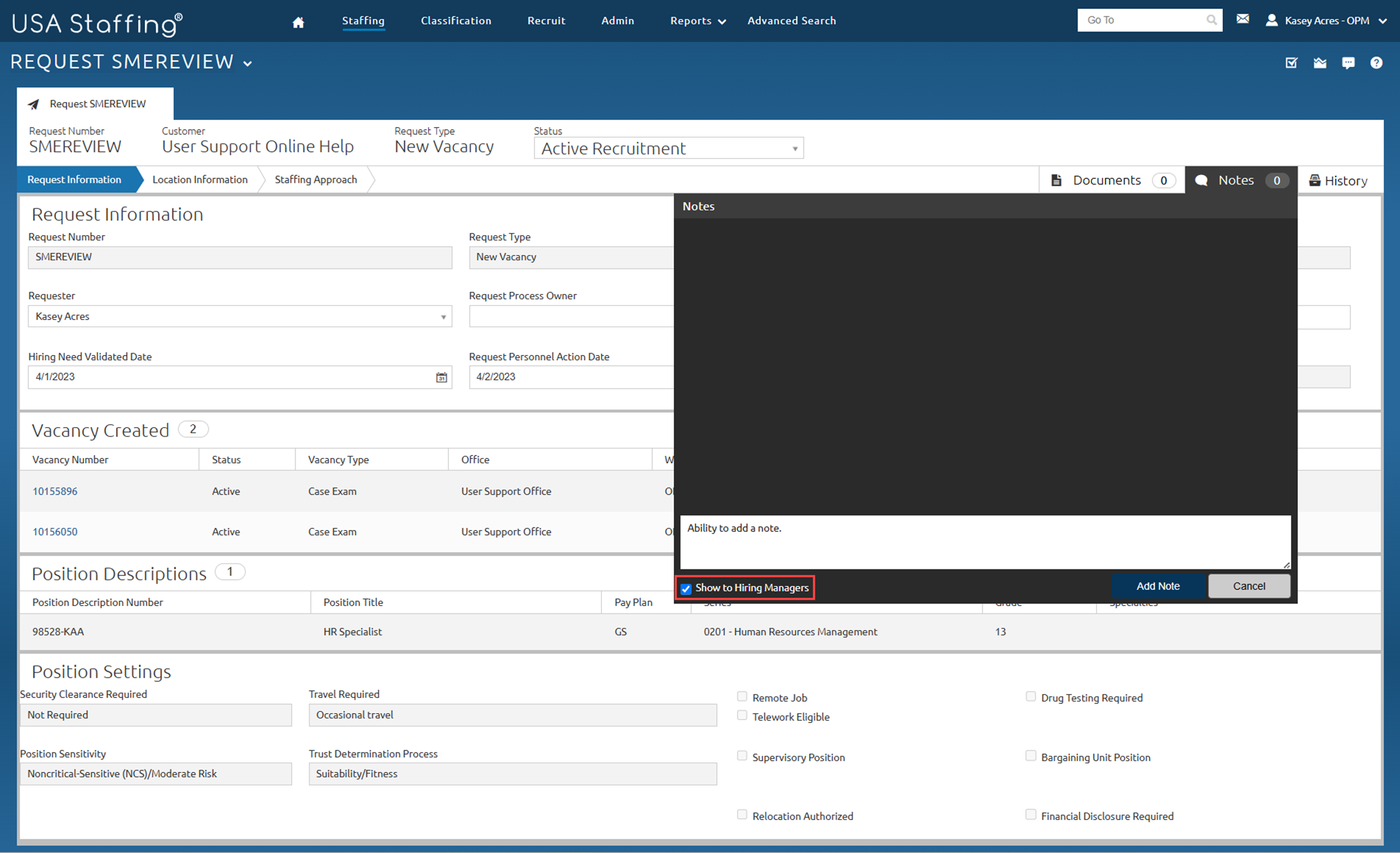 Note modal open showing the ability to add a note and highlited the Show to Hiring Manager option selected.