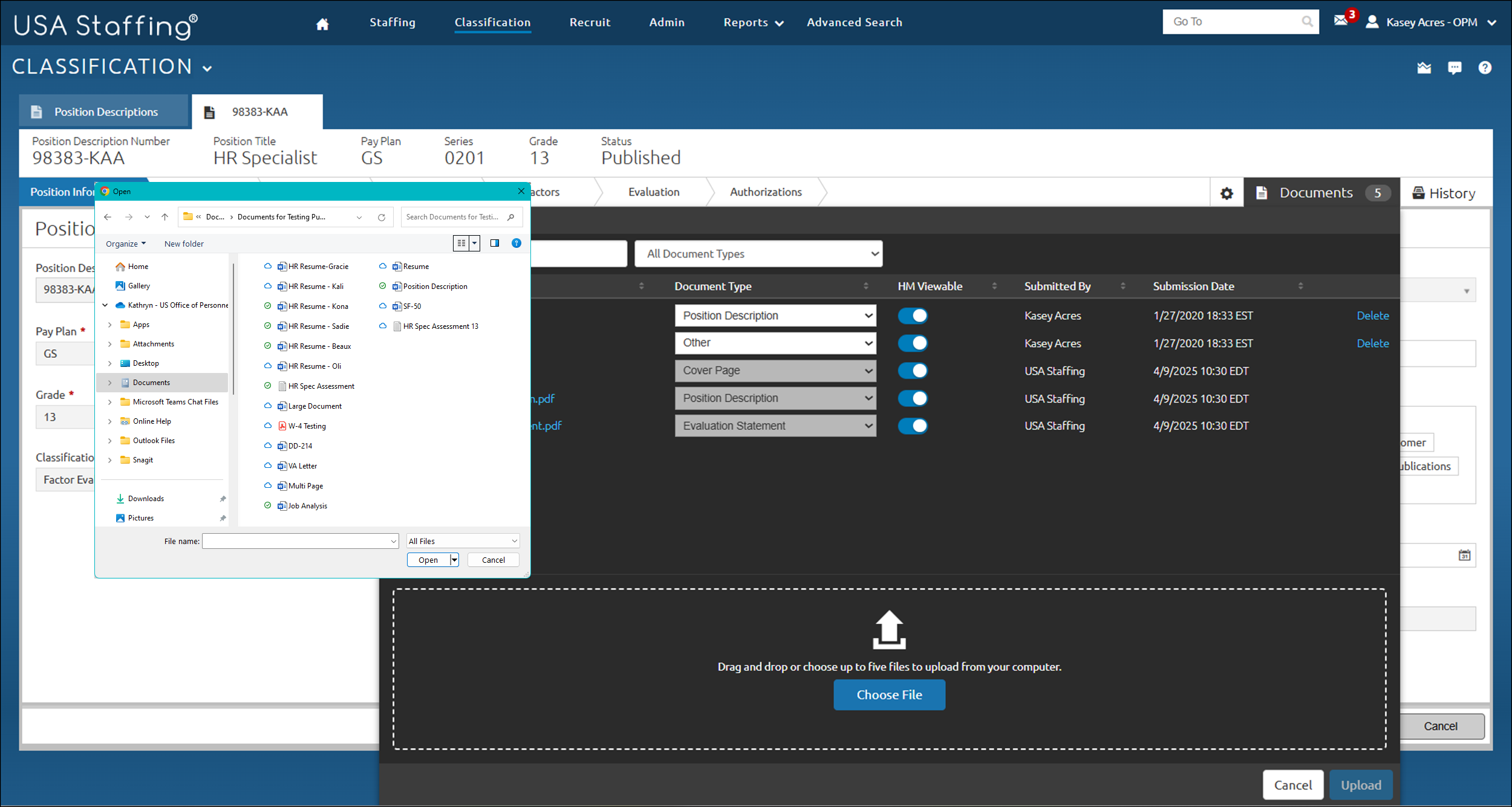 Position Information page with the Upload Documents modal open.